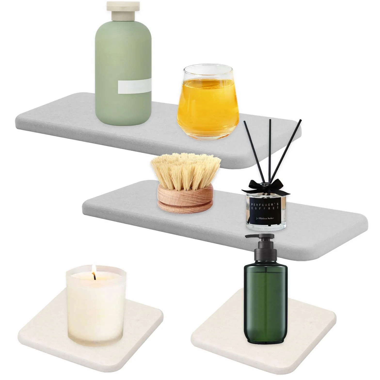 4 Pezzi Sottobicchieri in Terra di Diatomee Assorbenti, Rapida Vassoio in Pietra Assorbente per Lavello, Grigio e Bianco Vassoio Pietra Assorbente Bagno, per Spugne, Spazzole, Bottiglie di Saponi