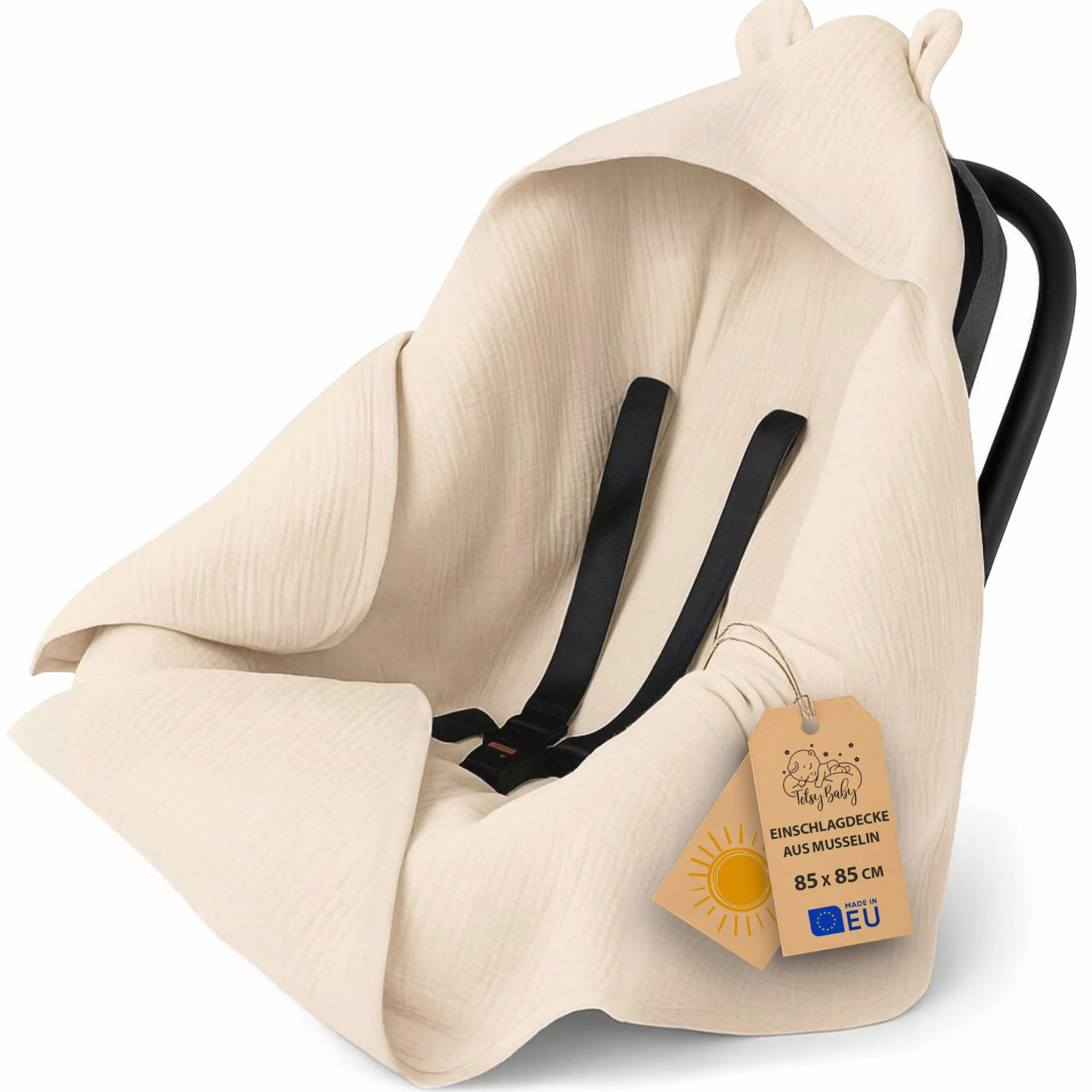 Sacco ovetto coperta mussola 85x85 cm - copertina per passeggino bebe per seggiolino auto bambino o swaddle neonato 0-6 mesi universale e lavabile Oeko-Tex Beige chiaro