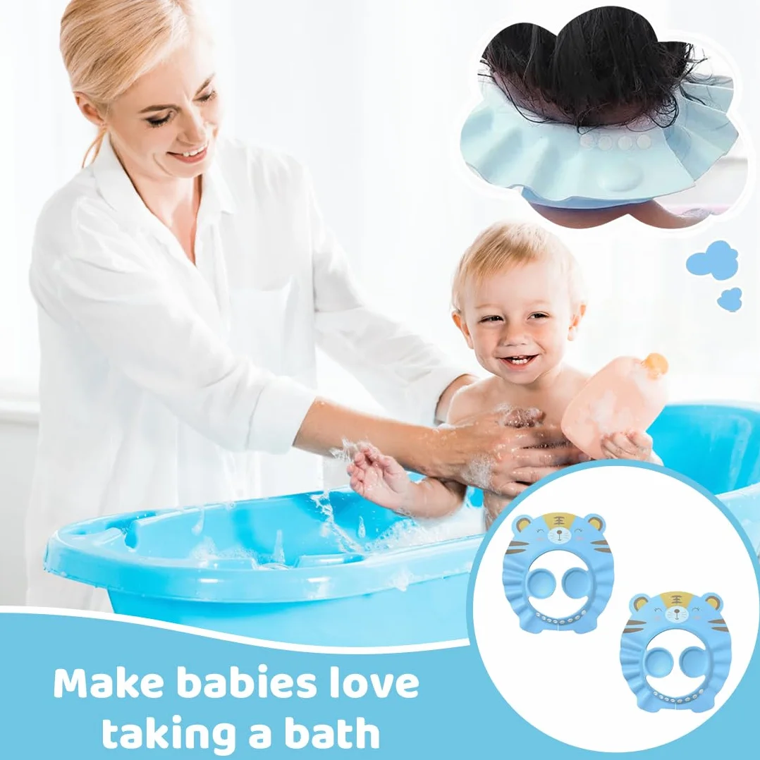 2 cuffie da doccia per bambini con protezione per le orecchie, ausili per lo shampoo, cuffie per il lavaggio dei capelli dei neonati (disegno con orso blu).
