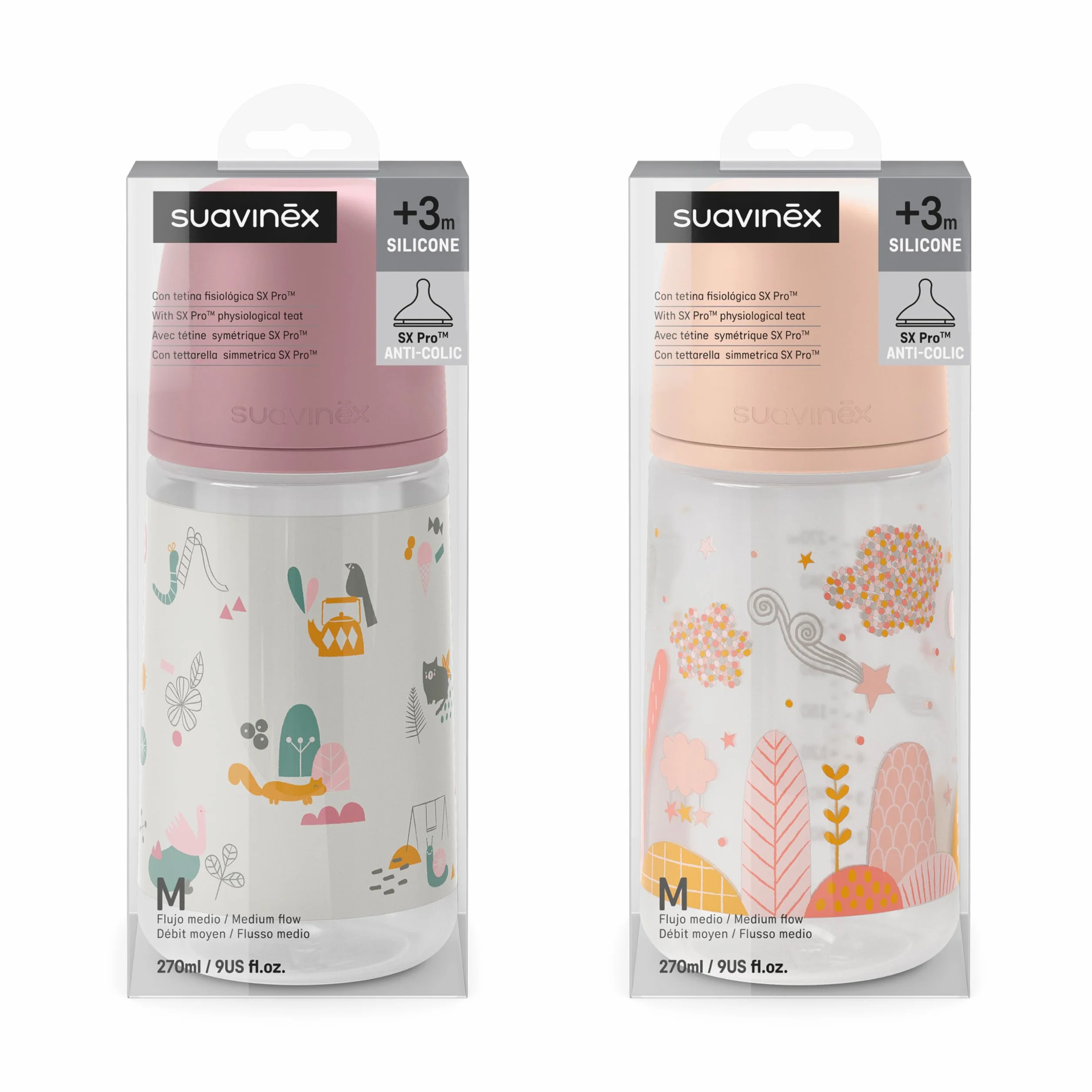 Suavinex, Set 2 Biberon Anti-Colica da 270 ml, con Tettarella Fisiologica in Silicone SX Pro, Flusso Medio (M), con Valvola Anti-Colica, per Bambini +3 Mesi. Rosa