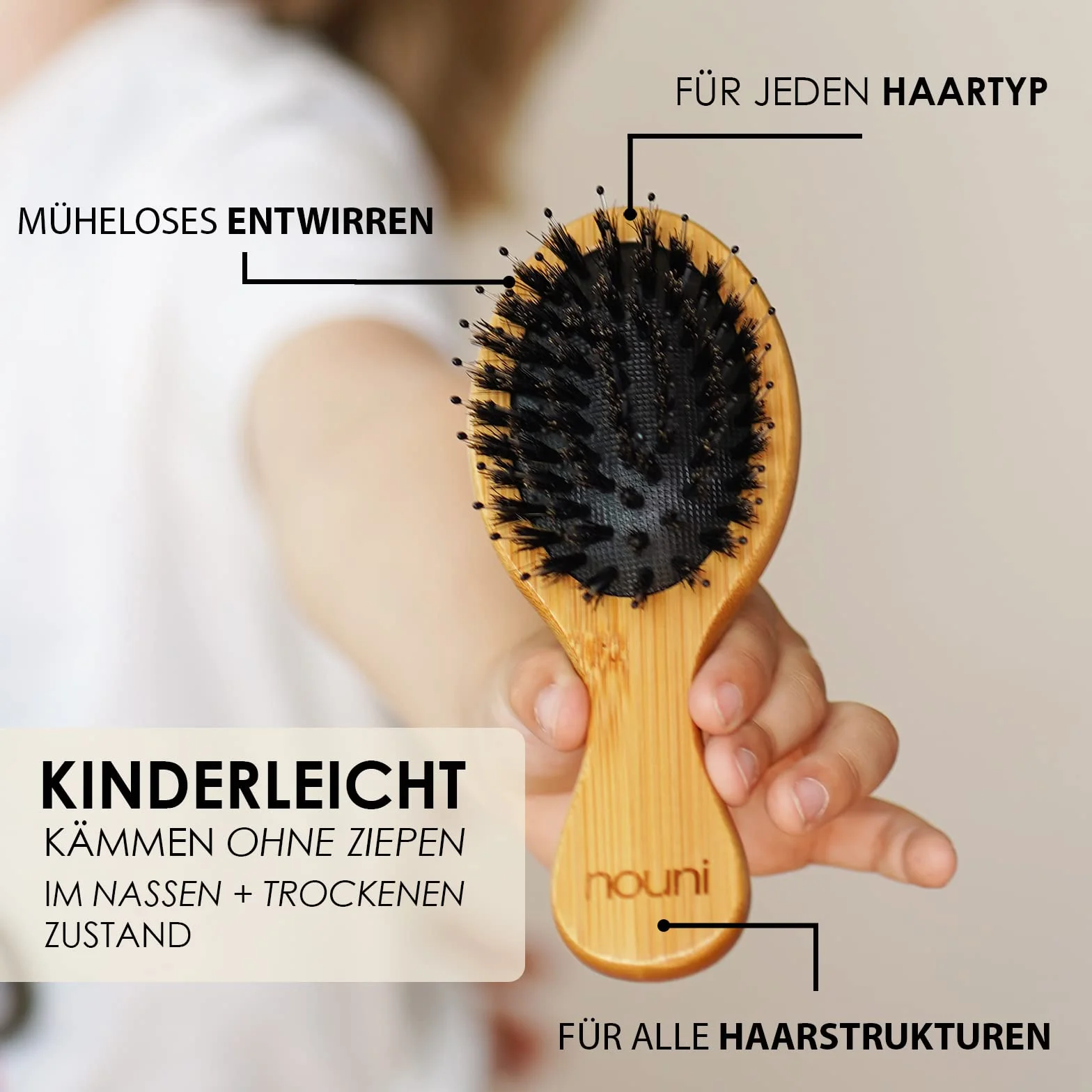 Spazzola per bambini in legno di bambù con setole di cinghiale | Kids Brush: senza tirare | Pettine massaggiante premium | Spazzola per capelli di Nouni