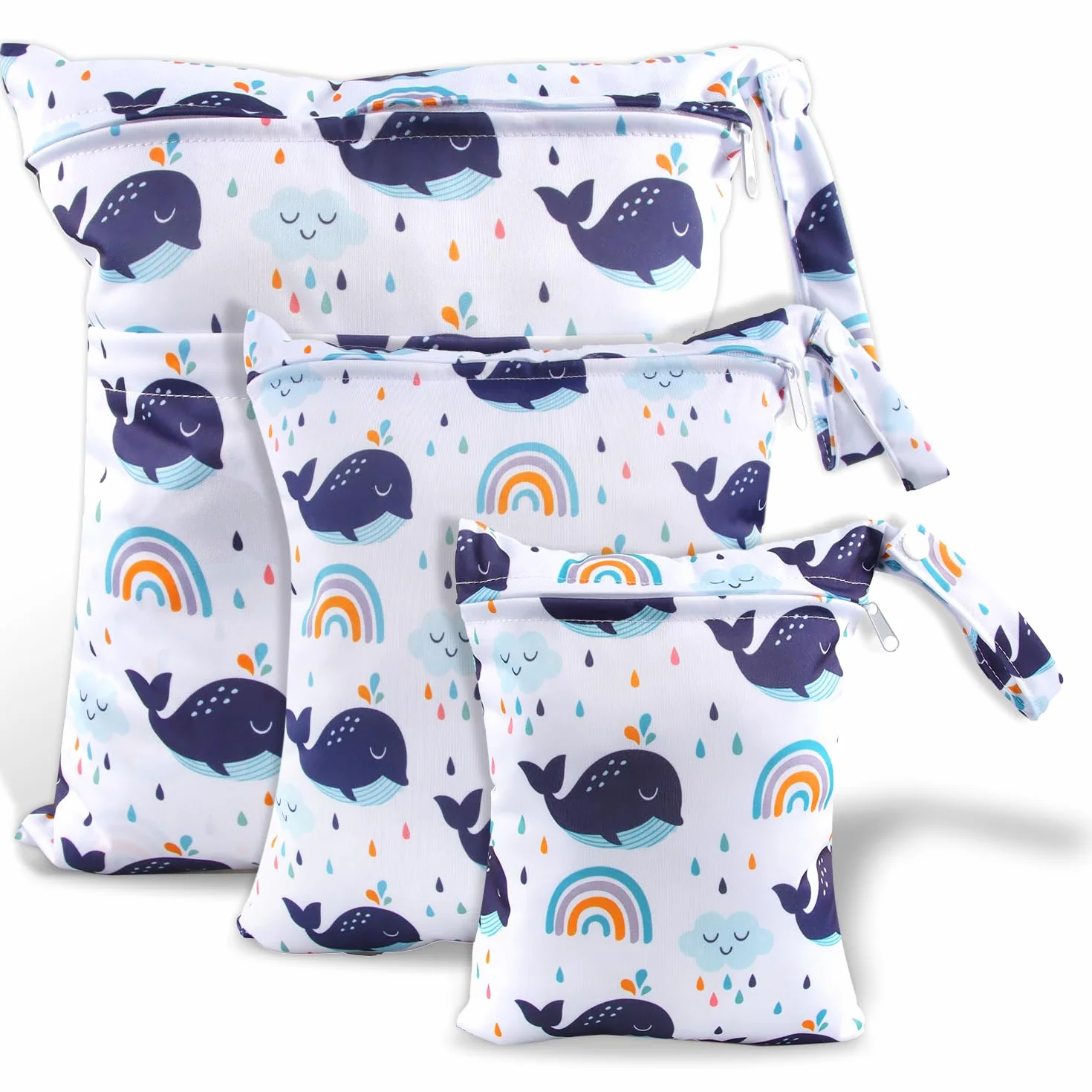 EKKONG Wetbag, 3 pezzi Wet Bag Borsa, Wetbag Pannolini Riutilizzabile, Borsa per Pannolini Lavabili Riutilizzabile, Sacchetto del Pannolino Lavabile con Zip Impermeabile Organizzatore (Balene)