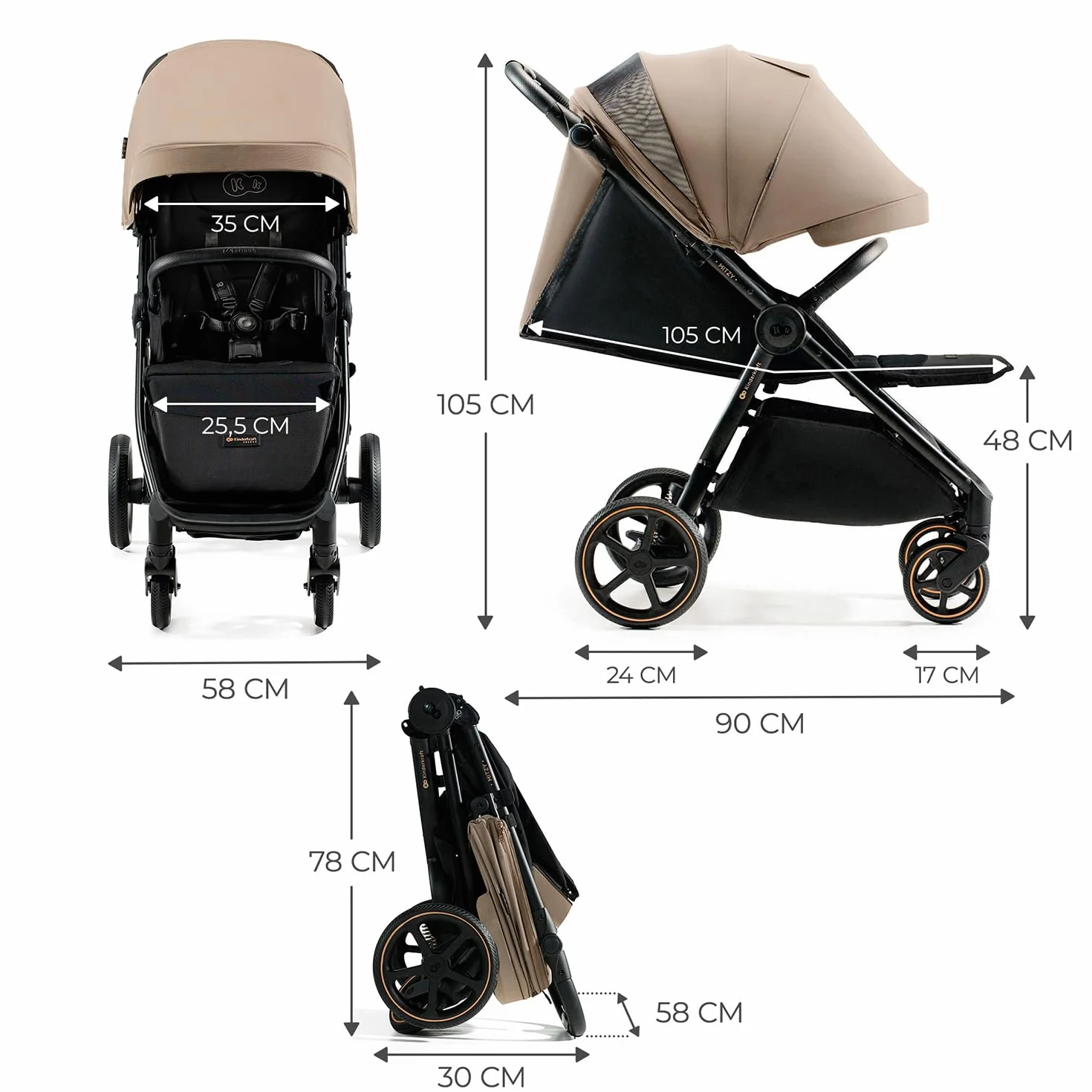 Kinderkraft MITZY Buggy fino a 22 kg, Passeggino Reclinabile, Carrozzina, Leggero, Facilmente Pieghevole, Schienale e Poggiapiedi Regolabili, Posizione Sdraiata, Ideale per I Viaggi, Beige