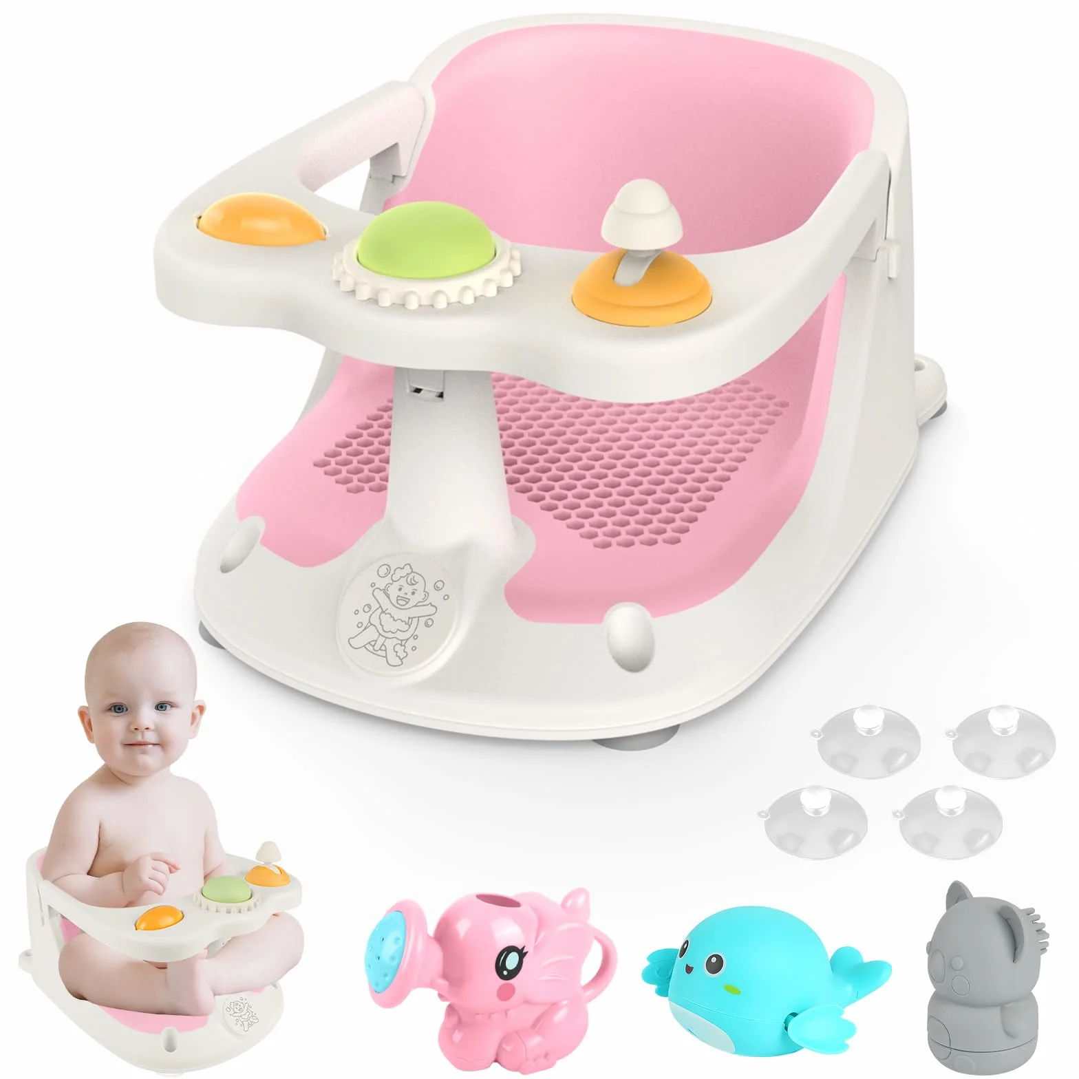 Aragallant Seggiolino da Bagno per Bambini 6 mesi+, Seggiolino Antiscivolo per Vasca da Bagno, Sedia da Bagno con Giocattoli, Seggiolino per Doccia Bambini con Ventose (Rosa)