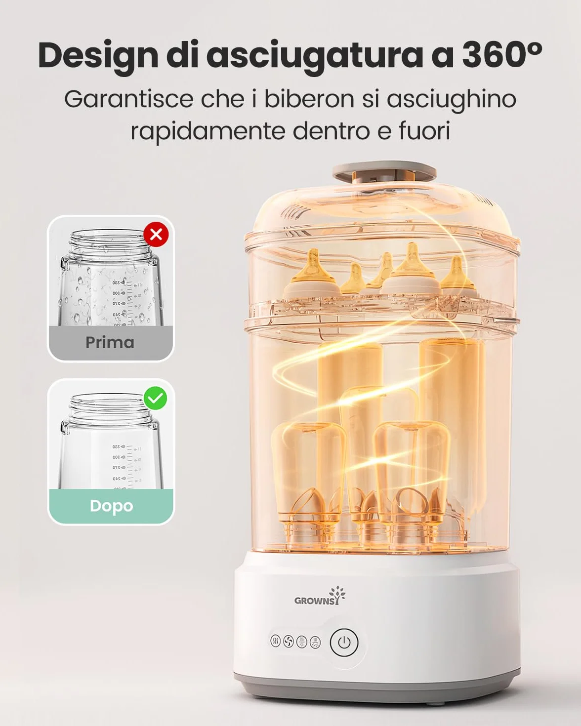Grownsy Sterilizzatore Biberon con Asciugatura, Sterilizzatore Elettrico a Vapore Compatto per Biberon, Ciucci, Parti del Tiralatte