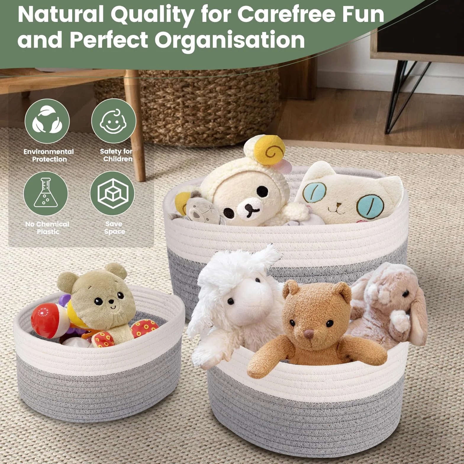Set di 5 Cestini Portaoggetti,Piccoli Cestini in Cotone Intrecciato per Camera, Bagno e Mensole,Corda di Cotone per Bambini Bambina,Impilabile Organizer Fasciatoio