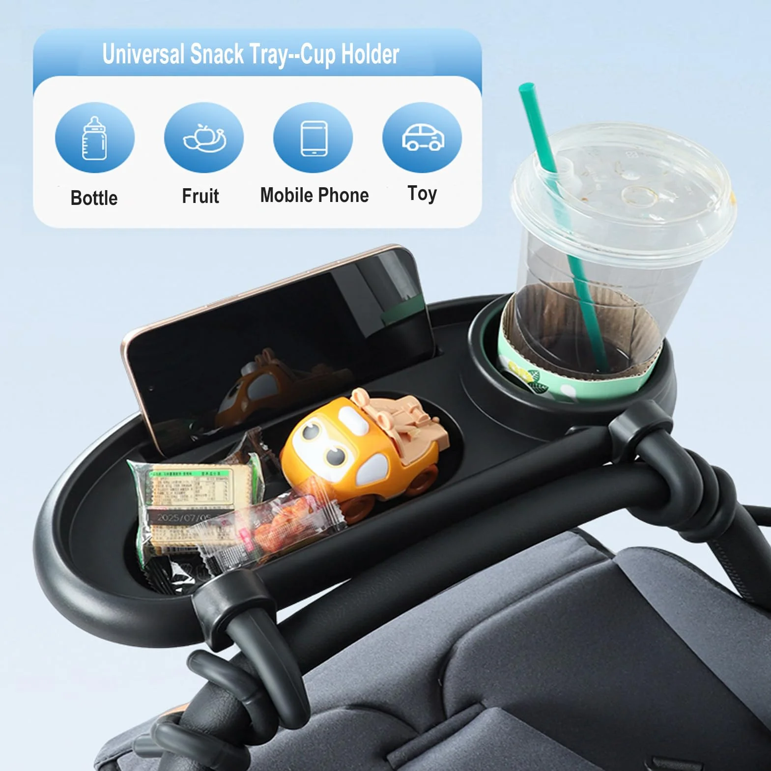 Vassoio Universale per Passeggino, Passeggino Snack Vassoio, Girevole a 360 gradi, Portabevande per Passeggino, Adatto per la Maggior parte dei Passeggini con Braccioli