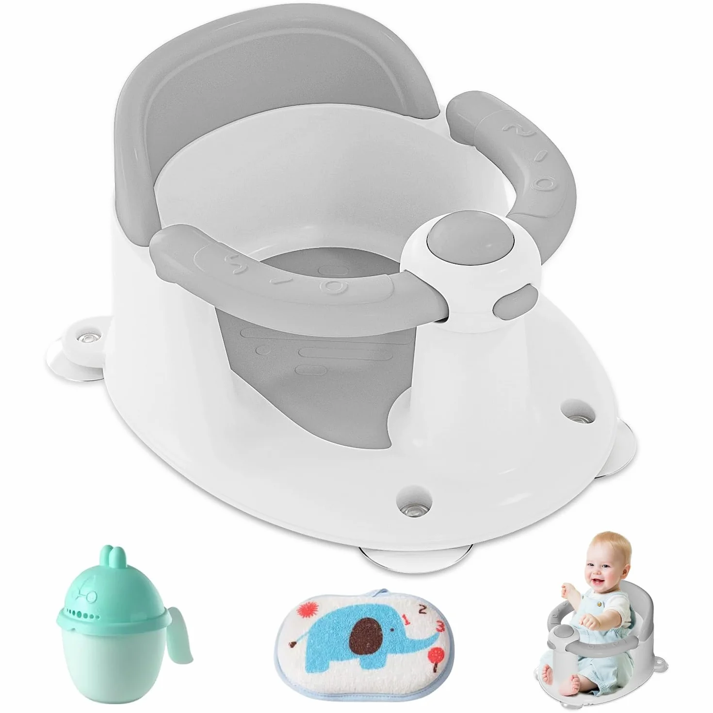 Seggiolino da Bagno Antiscivolo a Partire da 6 Mesi con 4 Potenti Ventose, Tazza e Spugna da Bagno, per Doccia o Vasca (Grigio)