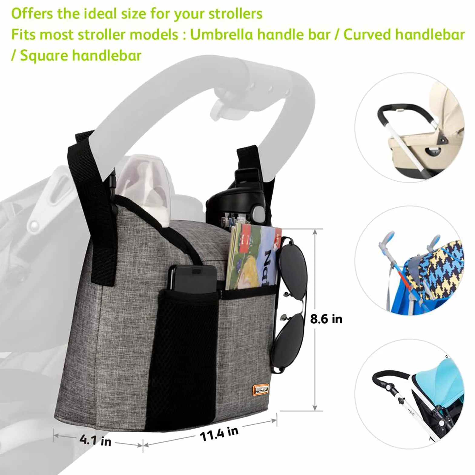 Borsa Per Passeggino, Custodia Per Passeggino Per Accessori Per Bambinio, Con 2 Portabicchieri E Tracolla, Utilizzata Come Borsa A Tracolla, Universale Per Tutti I Modelli Di Passeggini (Grigio)