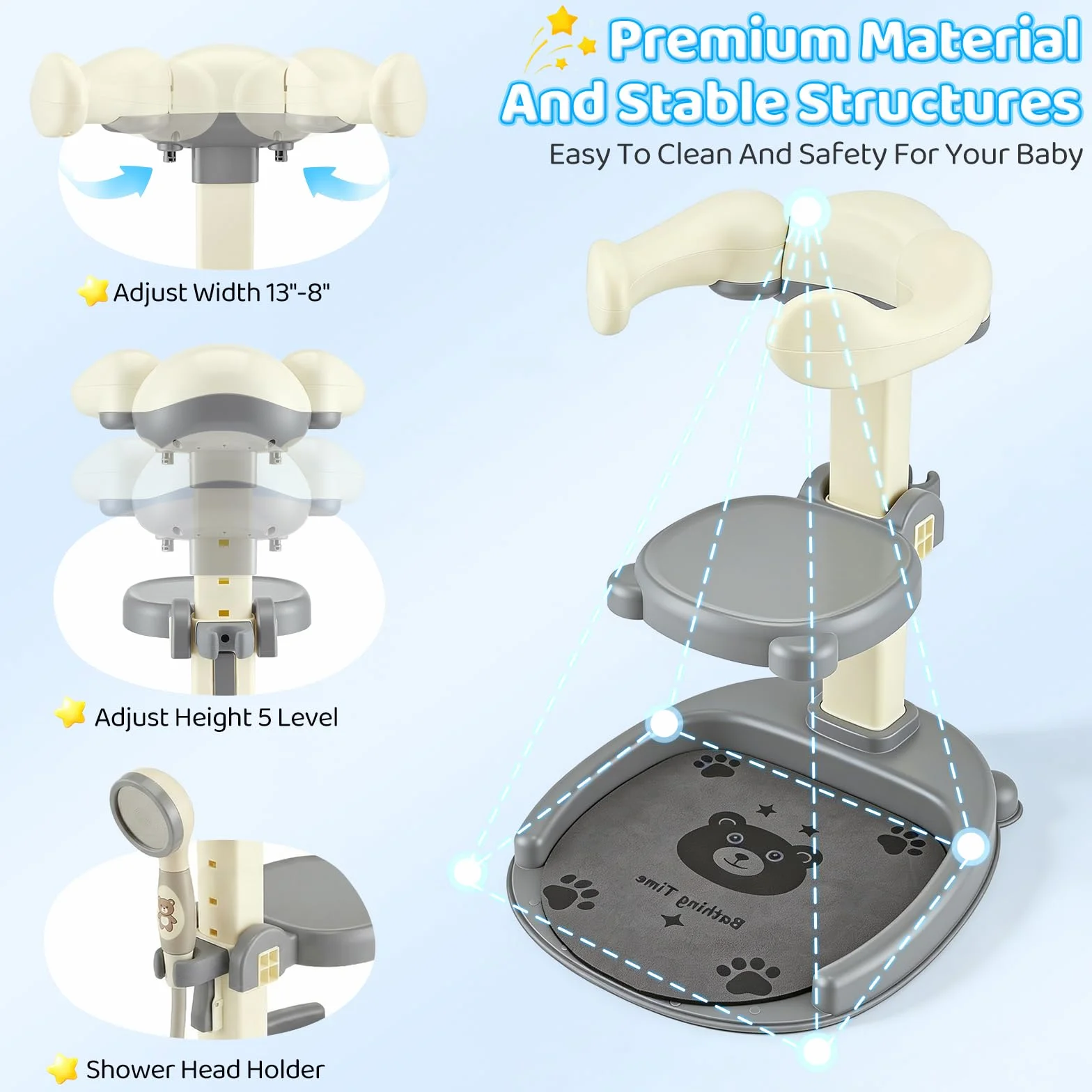 Supporto per Doccia per Bambini 2 En 1,Soporte De Baby Shower,Con Soporte Para Cabezal De Ducha,Altura Ajustable,Con Piso Sin Deslizamiento Y Mango De Seguridad,Soporte De Ducha Durante 8-36 Meses