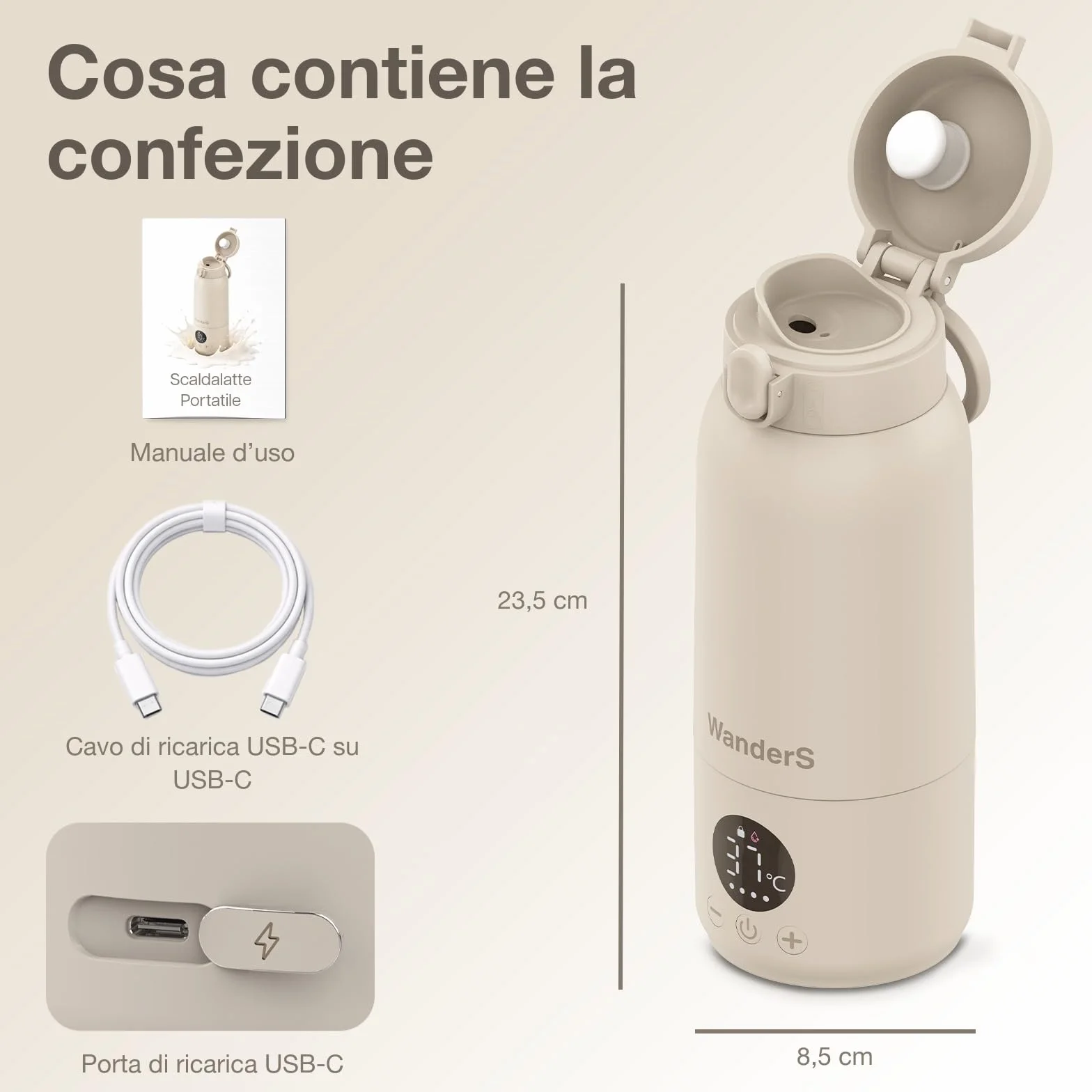 Scaldabiberon Portatile di WanderS – 500ML Scaldabiberon da Viaggio - Controllo della Temperatura, Sterilizzazione, Acciaio Inossidabile 316L, Ricarica USB-C, Impermeabile IPX6 e Blocco di Sicurezza