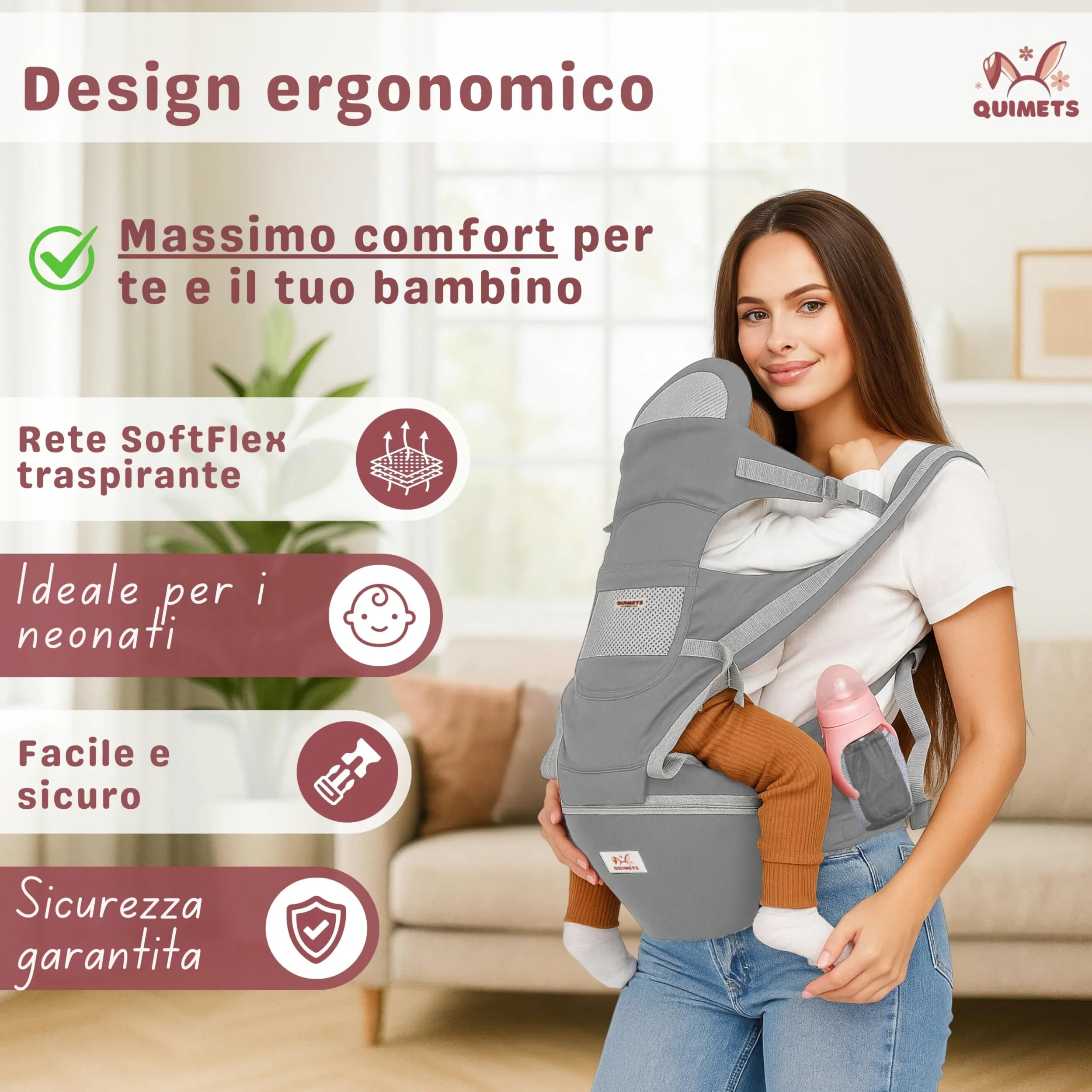 Marsupio neonato 0-36 mesi ergonomico 6 in 1 – Zaino porta bambino regolabile con seduta removibile, supporto lombare, tessuto traspirante e mussola in omaggio