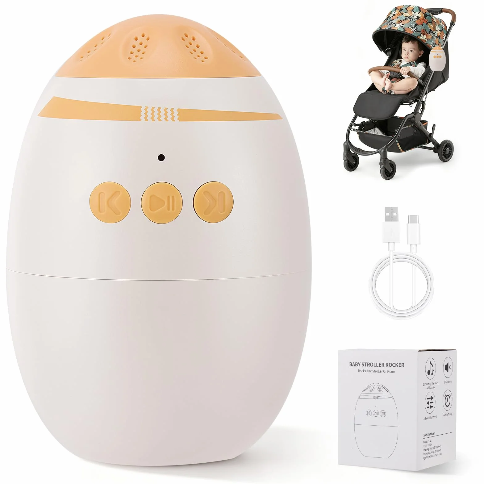 Altalena per Passeggino, Ricaricabile USB-C per Bambini & Timer da 40min, Intensità Regolabile e Timer, Passeggino con 11 Bianco Rumore per Passeggino e Passeggino