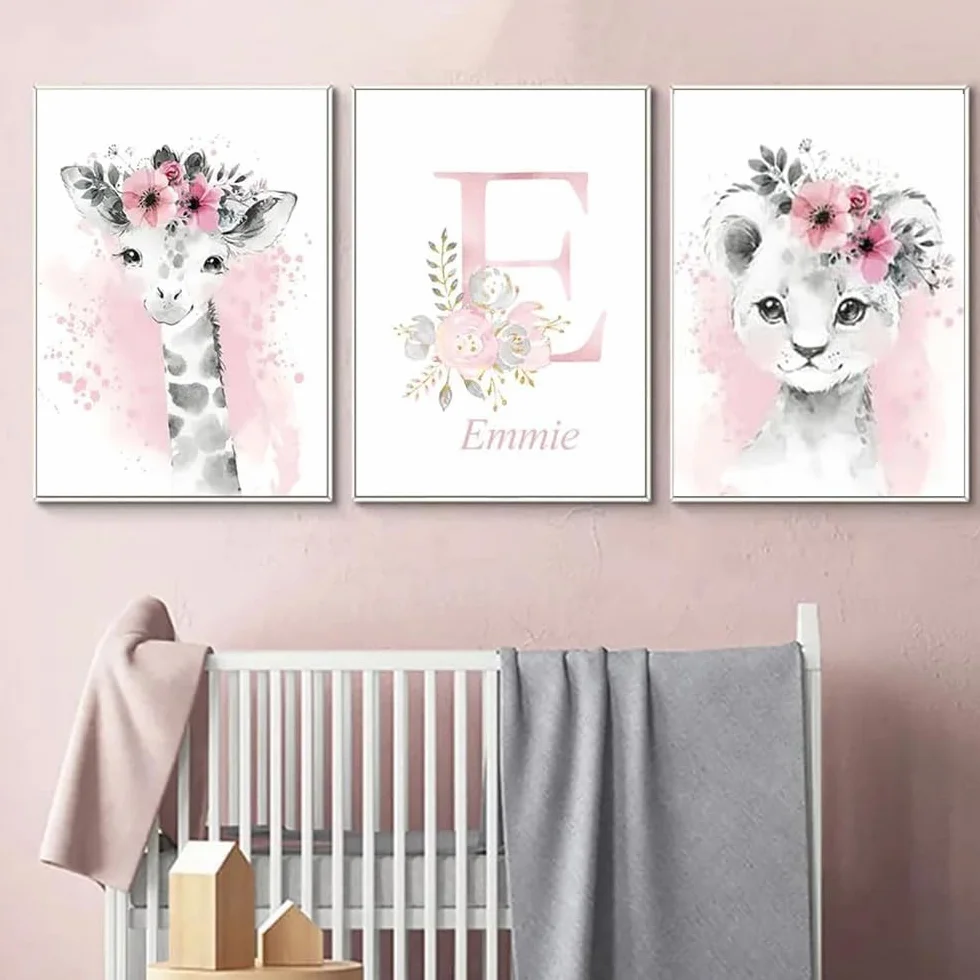 3 Quadri Personalizzati Nome Nascita Stampe Animali Cameretta Bimbo Rosa 30x 40 cm Quadro Cameretta Bambina Decorativi da Parete Bambini Poster Camera Ragazza Ragazzo Regalo Tela senza Cornice