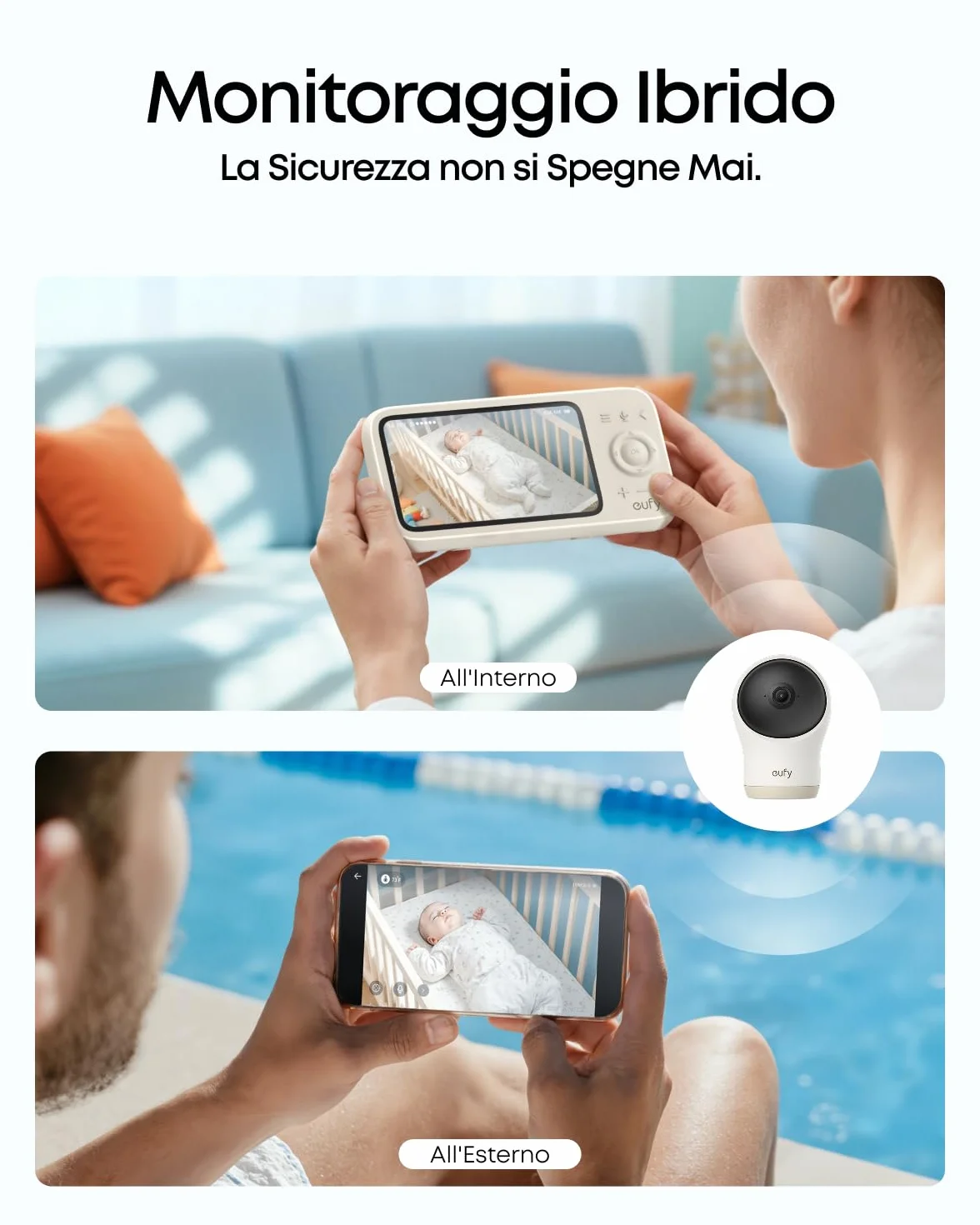 eufy Security C10: Monitor 2K, LCD 4,5" 480p, Zoom x4, Pan/Tilt, Notte. Ibrido senza Wi-Fi, 12h batt. Rileva moto, pianto, rumori, temp. Audio 2-vie, VOX.