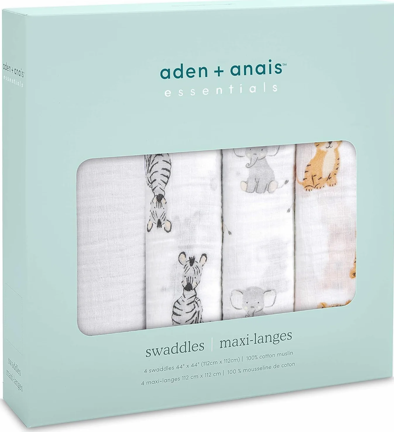 aden + anais Safari Swaddle Coperta – Confezione da 4 | Grande 100% mussola traspirante – Set per neonati e ragazzi | Zebra, Tigre & Elefant Animal Design | Dormire neonati e bambini