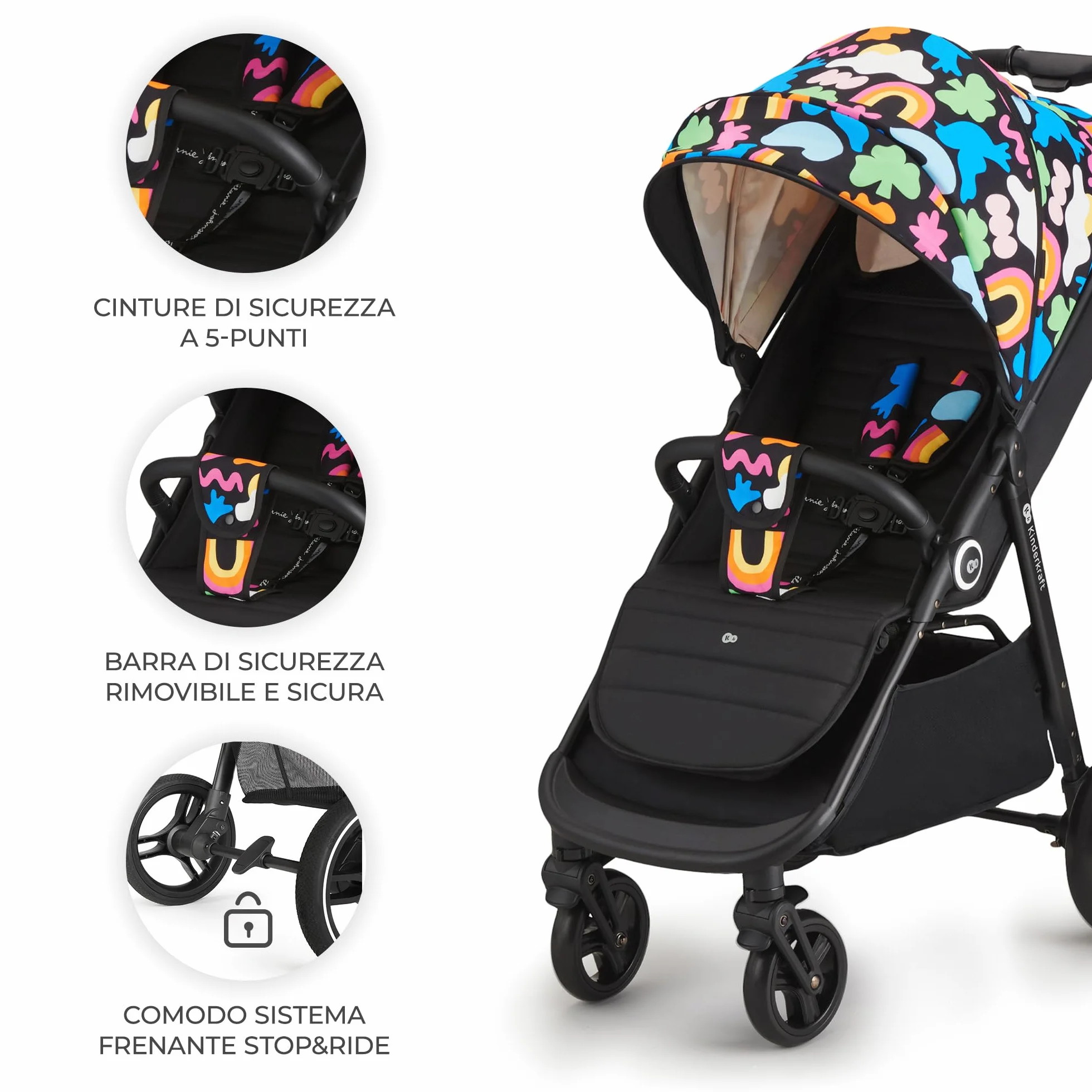 Kinderkraft GRANDE PLUS Passeggino Leggero dalla Nascita fino 22 kg, Pieghevole con una Mano, Posizione Sdraiata, L'ammortizzazione su Tutte le Ruote, Cappottina XL, Happy Shapes