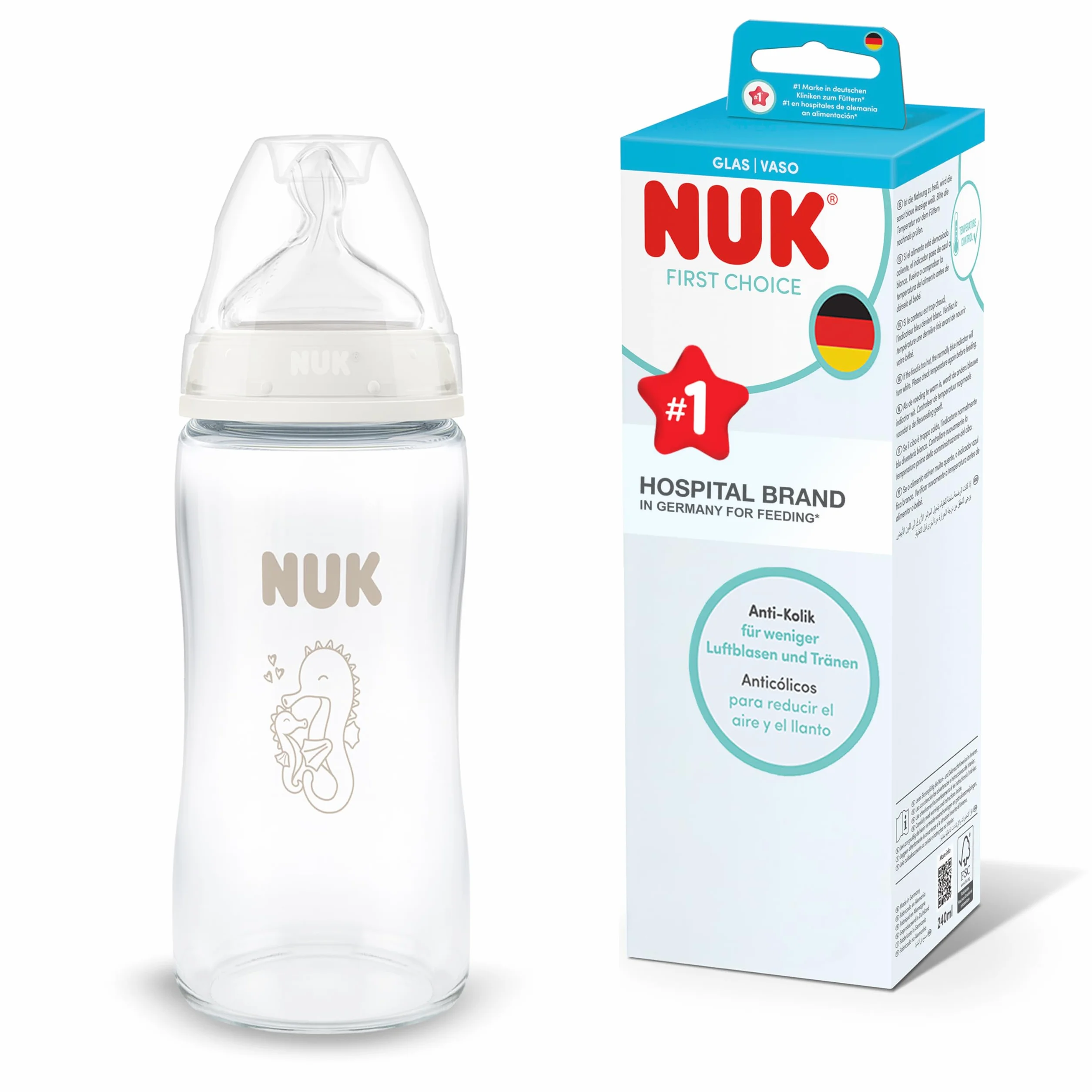 NUK First Choice Biberon | 3+ mesi | 240 ml | Biberon anti-colica | Vetro | Indicatore di controllo della temperatura | Cavalluccio marino | Confezione da 1