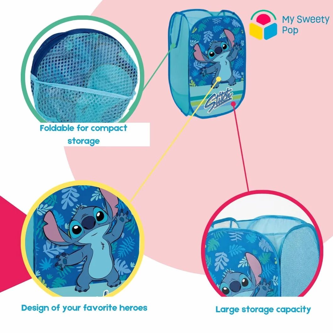 Cesto portabiancheria per bambini Lilo e Stitch | Organizer in tessuto rettangolare | Vassoio per giocattoli pieghevole con manici | 36 x 36 x 58 cm | Decorazione per camera da letto