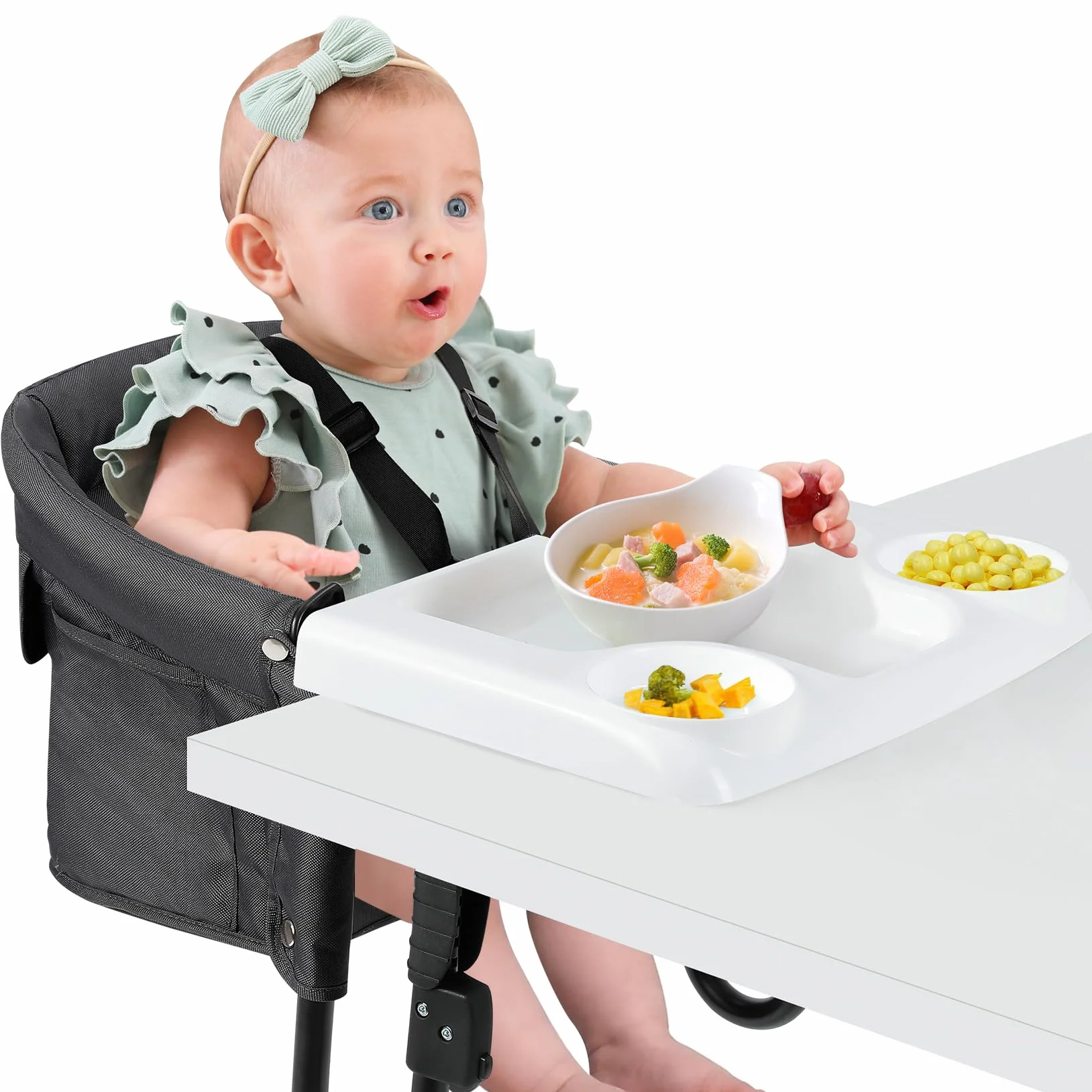 Ezebaby Seggiolone da Tavolo Pieghevole con Cintura di Sicurezza a 5 Ppunti e Borsa per il Trasporto di Spessore da 2,5 a 7,5 cm (Nero, con Vassoio)