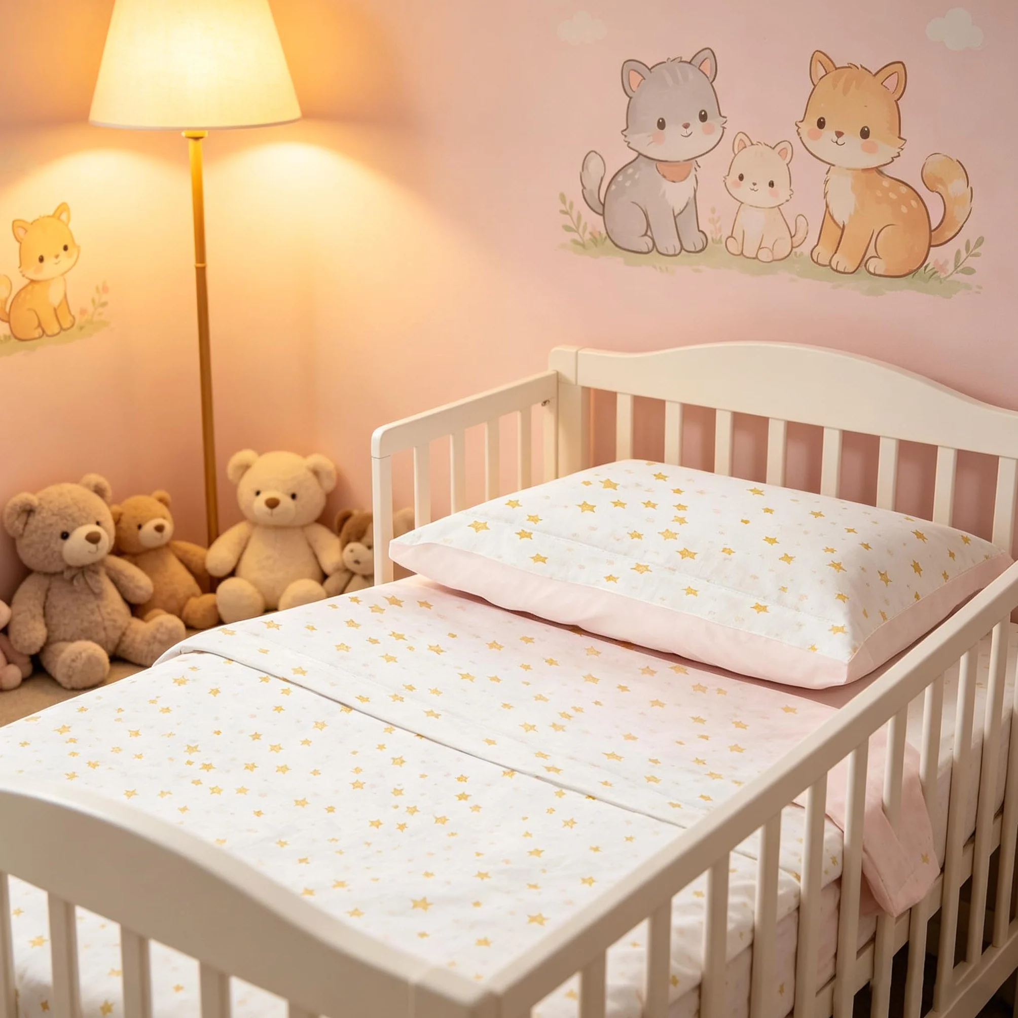 various Set Lenzuola Lettino Neonato 60x120 cm, 100% Cotone Extra Morbido, Include Lenzuolo con Angoli, Lenzuolo Sopra e Federa, Biancheria Letto Bambino Traspirante Motivo Stelle Beige