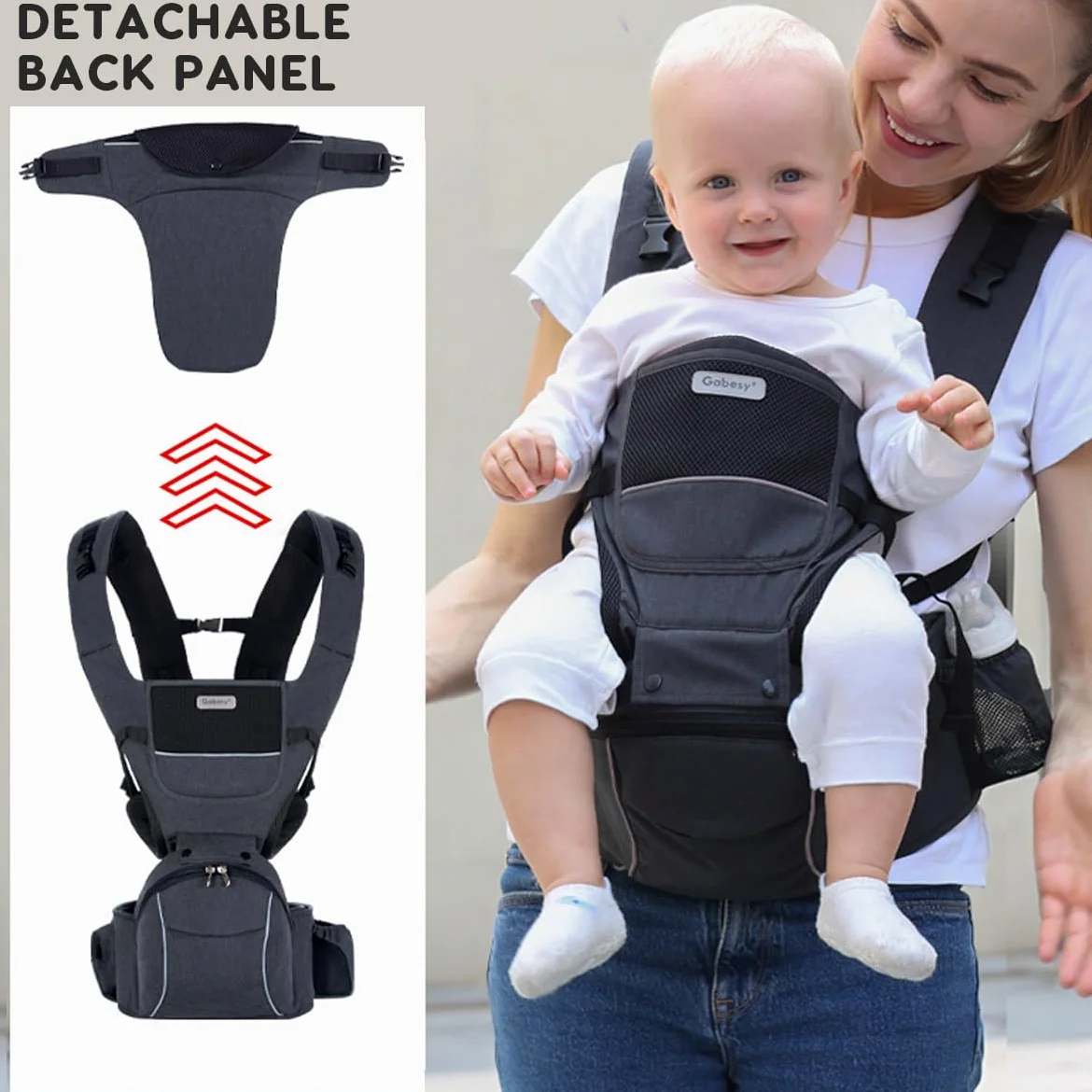 SONARIN 3 in 1 Multifunzionale Marsupio Neonati con Sedile,Portantina Ergonomico Porta Bambino Fascia Porta Bebè con Funzione di Portaoggetti,Multi-Posizioni per 0-36 Mesi(Nero)