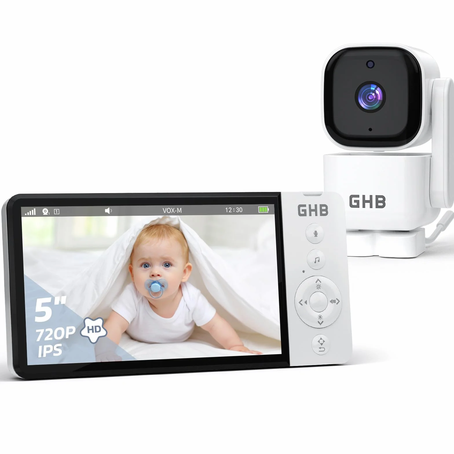 GHB Baby Monitor Video e Audio 5'', 350° Telecamera Rotante 720HD IPS Schermo, 5000mAh, Monitoraggio Temperatura, Visione Notturna, Audio Bidirezionale, VOX, Ninne Nanne