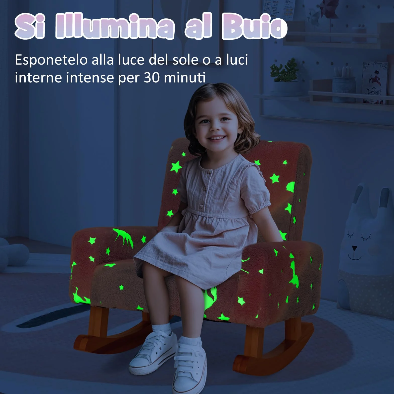 COSTWAY Sedia Dondolo per Bambini da 3 a 5 Anni, Poltrona in Flanella con Piedi a Dondolo in Legno, Motivi che si Illuminano al Buio,56 x 49 x 50 cm, Blu e Viola