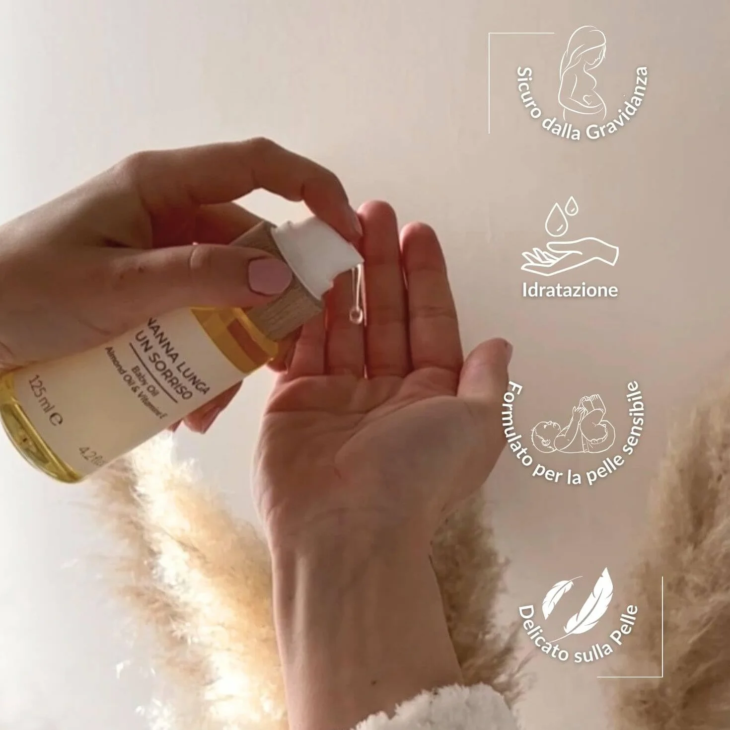 Alisea Parma Nanna Lunga un Sorriso, Olio Nutriente con mandorle dolci e Vitamina E. Per i primi massaggi al neonato, sicuro in gravidanza e alleato contro le smagliature. 125ml.