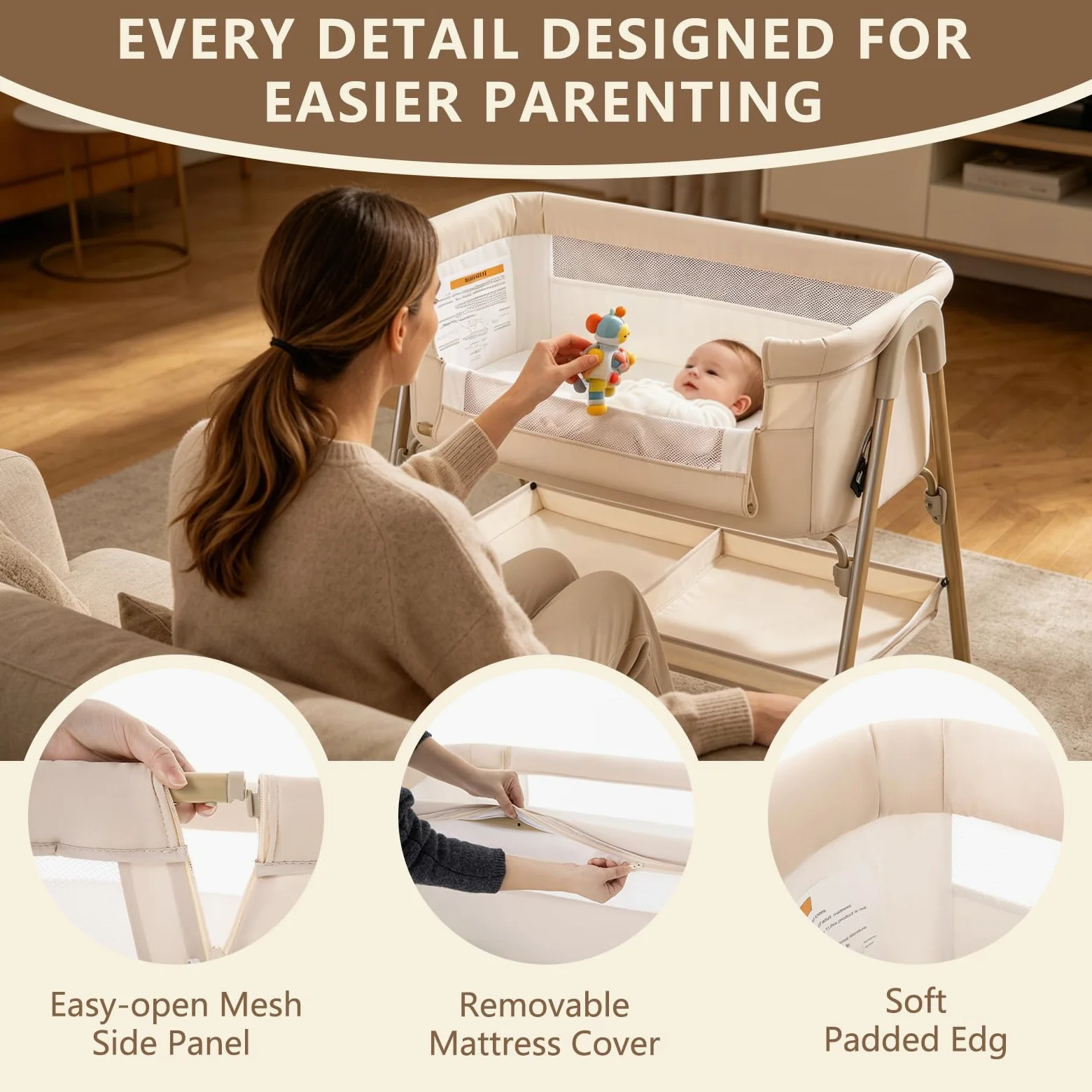 Zkiprm Culla Co-sleeping, Culla da affiancare pieghevole, Facile da montare, con Lettino rimovibile, Zanzariera, 4 Ruote bloccabili | Buona Circolazione dell'Aria | Peso max: 9 kg | 0–6 mesi（Beige）