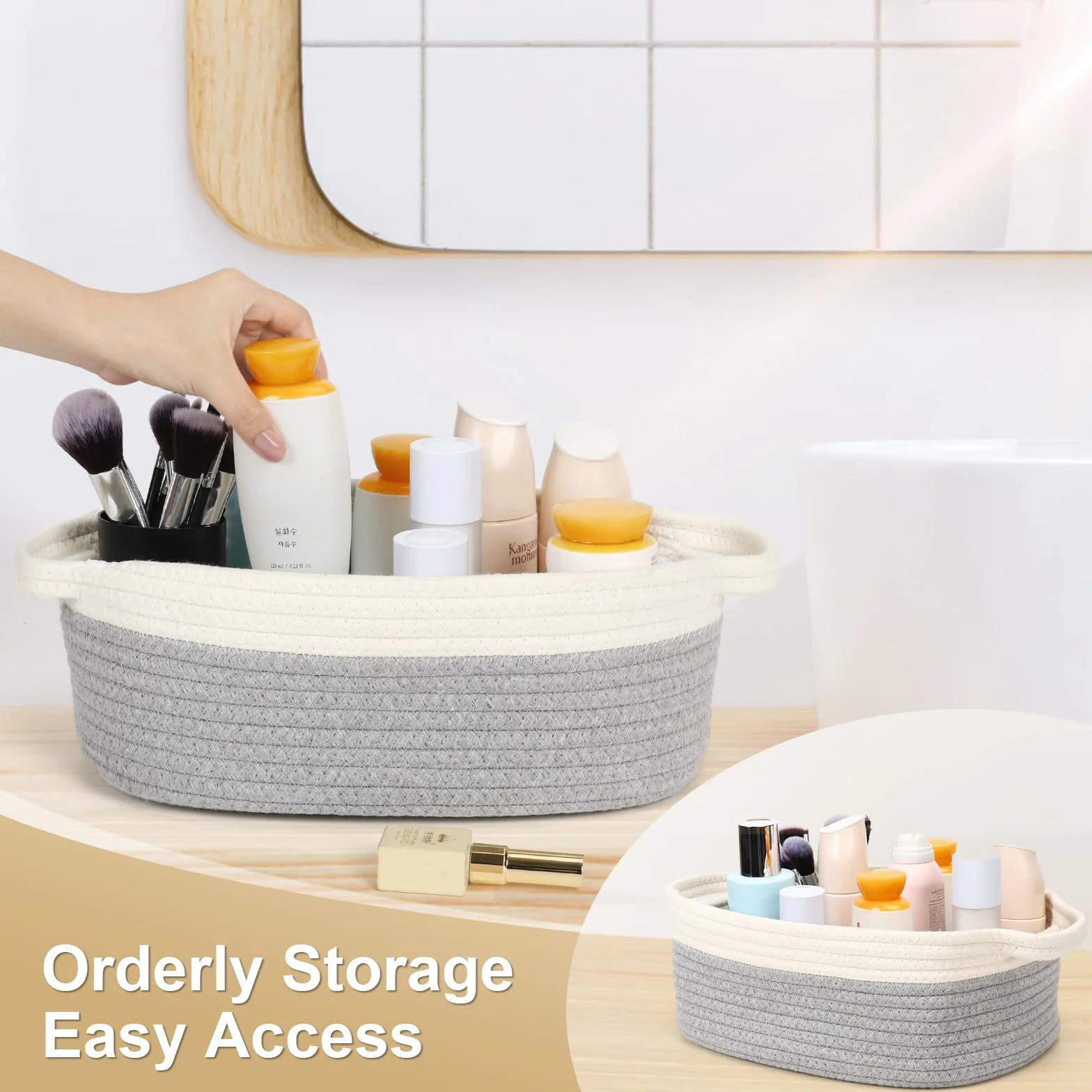 Cinnani Set di 5 Cestini Portaoggetti Intrecciato in Corda di Cotone, Impilabile Organizer Fasciatoio, Decorazione Cesto Portaoggetti per Bagno, Armadio, Camera da Letto, Soggiorno (Bianco/Grigio)