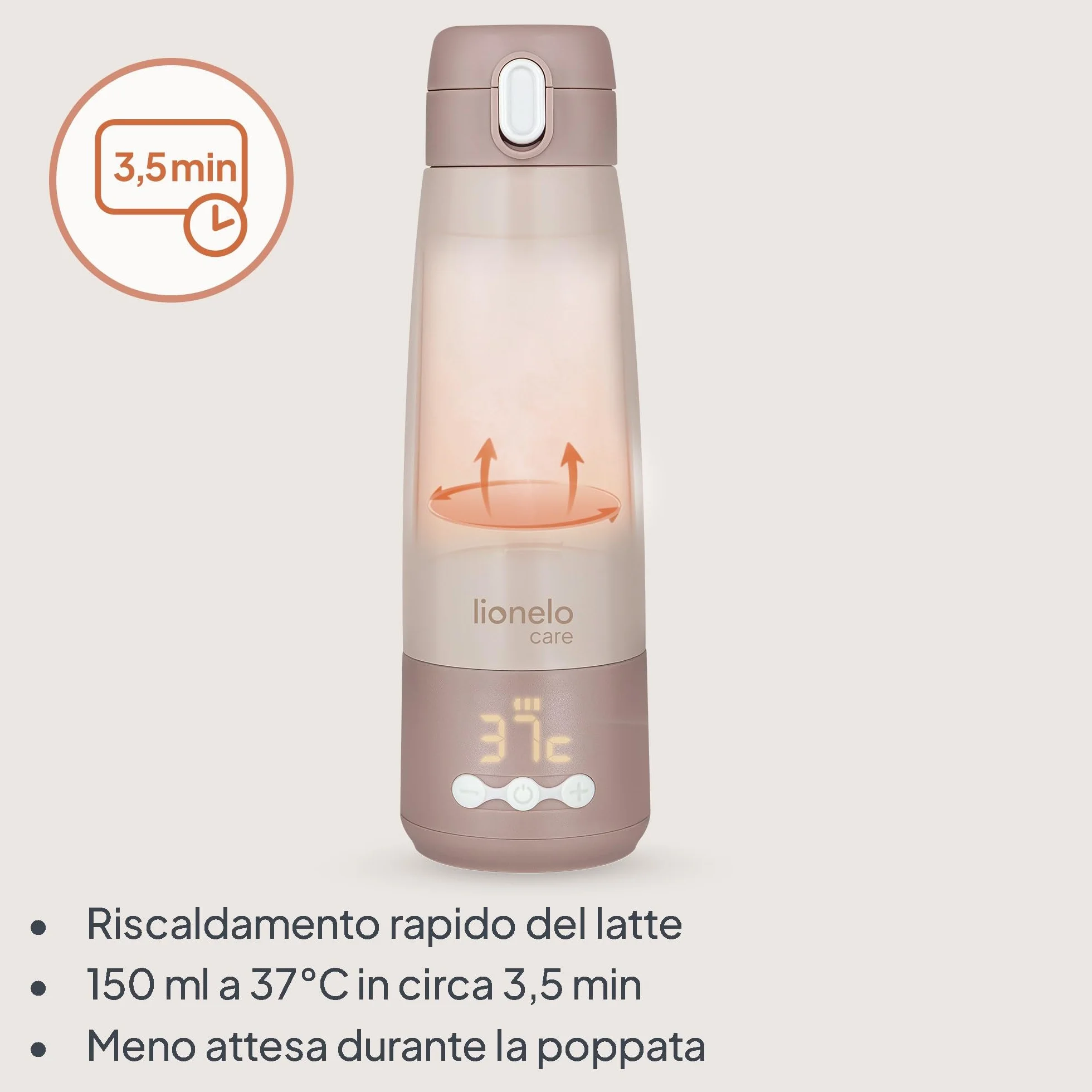 Lionelo THERMUP BOTTLE Scaldalatte Portatile Senza Fili, Compatto 350 ml, Riscalda Latte o Acqua in 3,5 Min, Controllo Temperatura 37-55°C a 5 Livelli, Termos per Latte fino a 20 h, Display