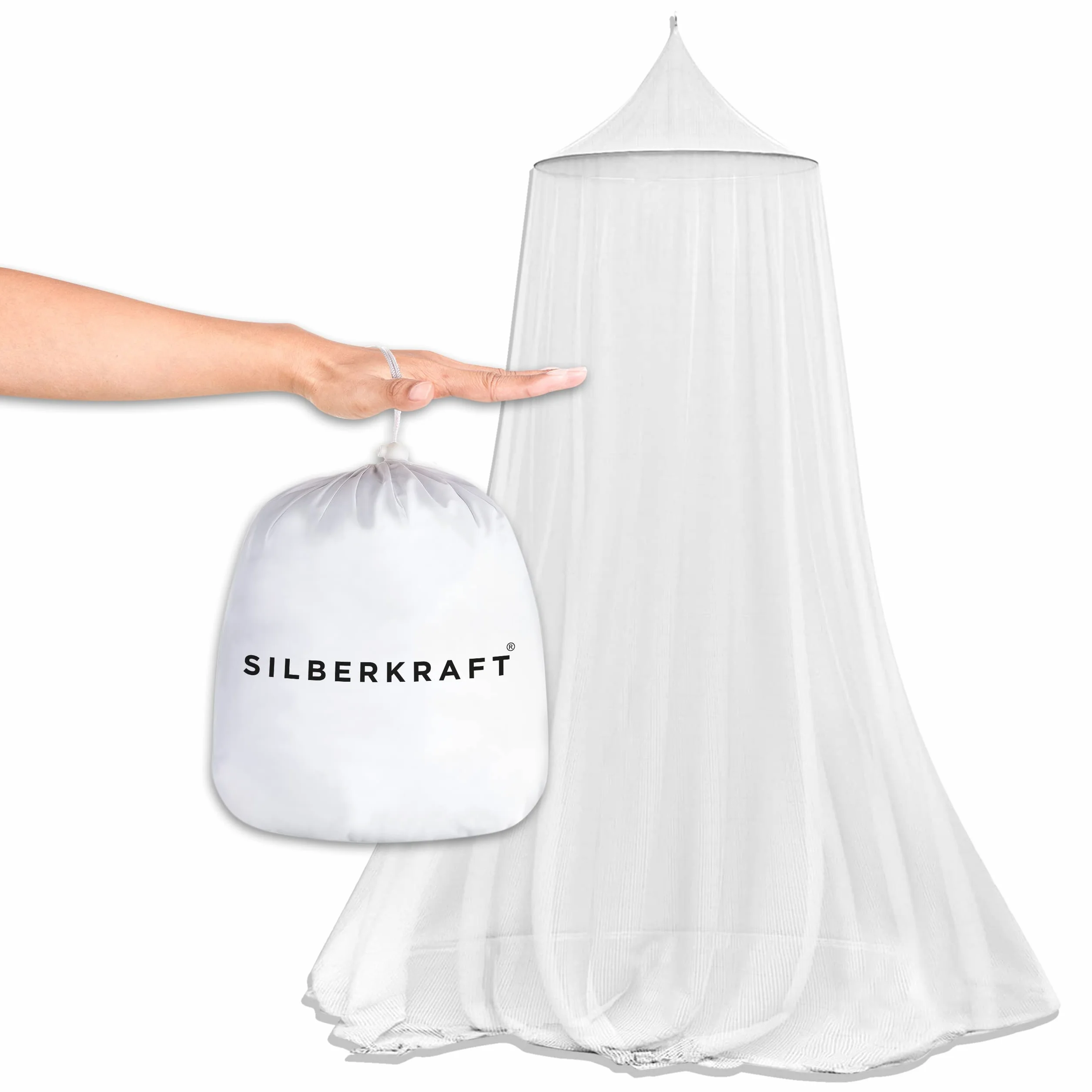 Silberkraft Zanzariera di alta qualità con ganci e caviglie, XXL per letto matrimoniale, zanzariera per viaggi e casa, con borsa per il trasporto