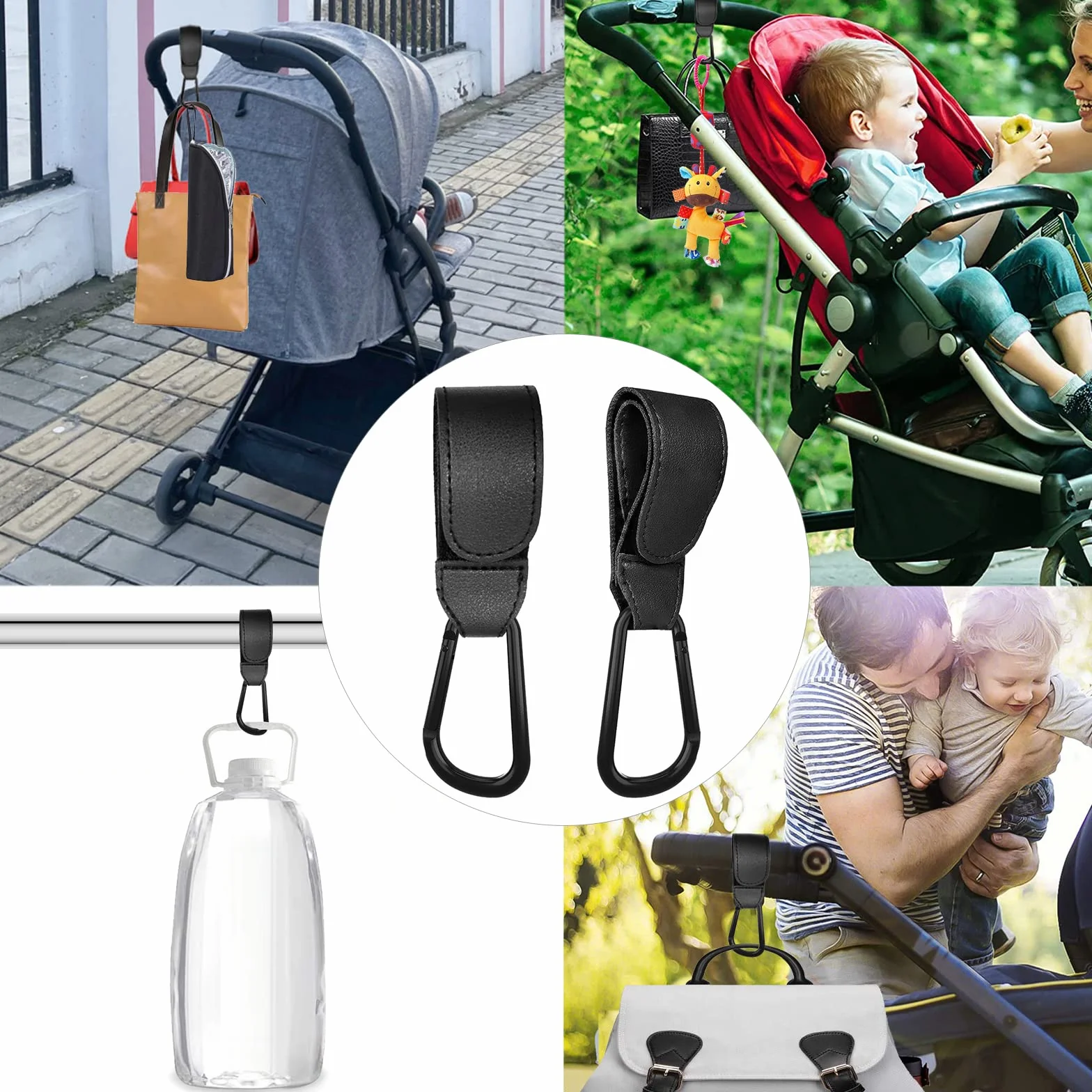 Gancio Passeggino[2 Pezzi],Ganci per Passeggino Universale Sicuri & Resistenti,Moschettoni Allumini Per Carrozzina Bici Auto Carrello Appendi Sacchetti Borsa Zaino(Nero)