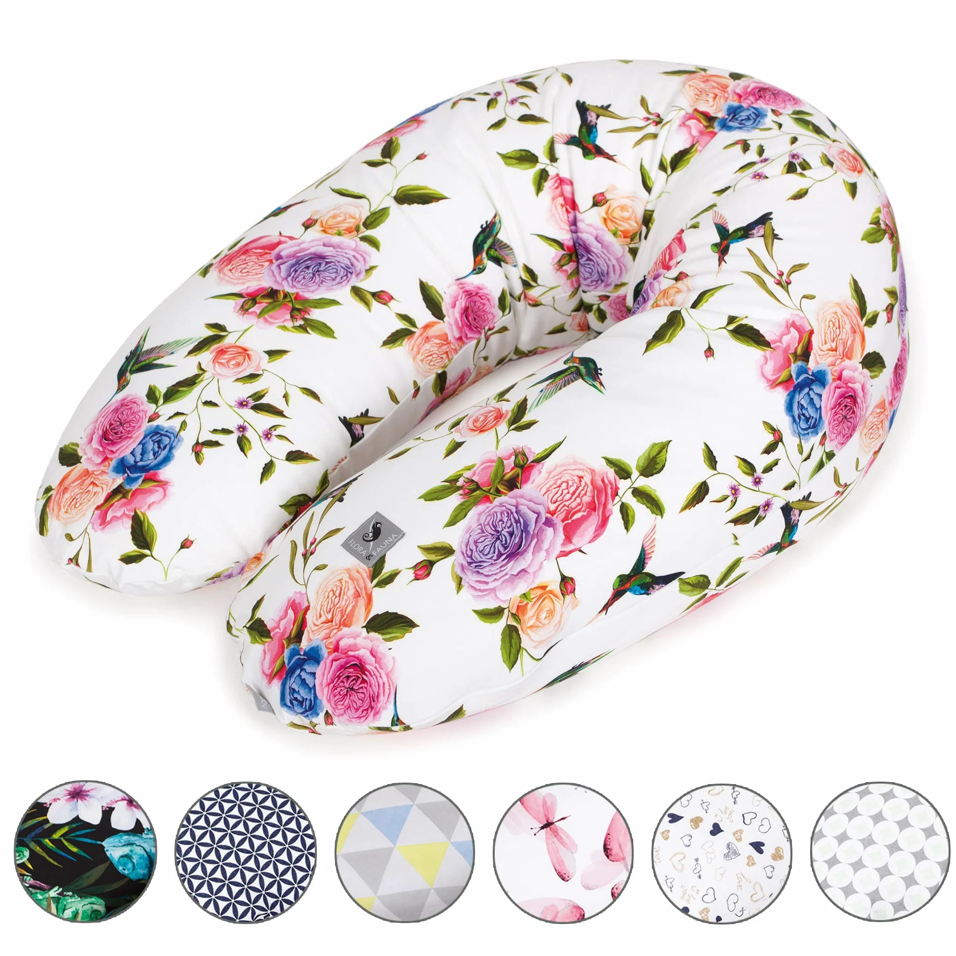 CEBA BABY Cuscino per Allattamento - Cuscino per Allattare Neonato e per Gravidanza in Cotone, con Microsfere di Polistirolo - Certificato Oeko-Tex 100 - Anallergico - 190 cm Flores