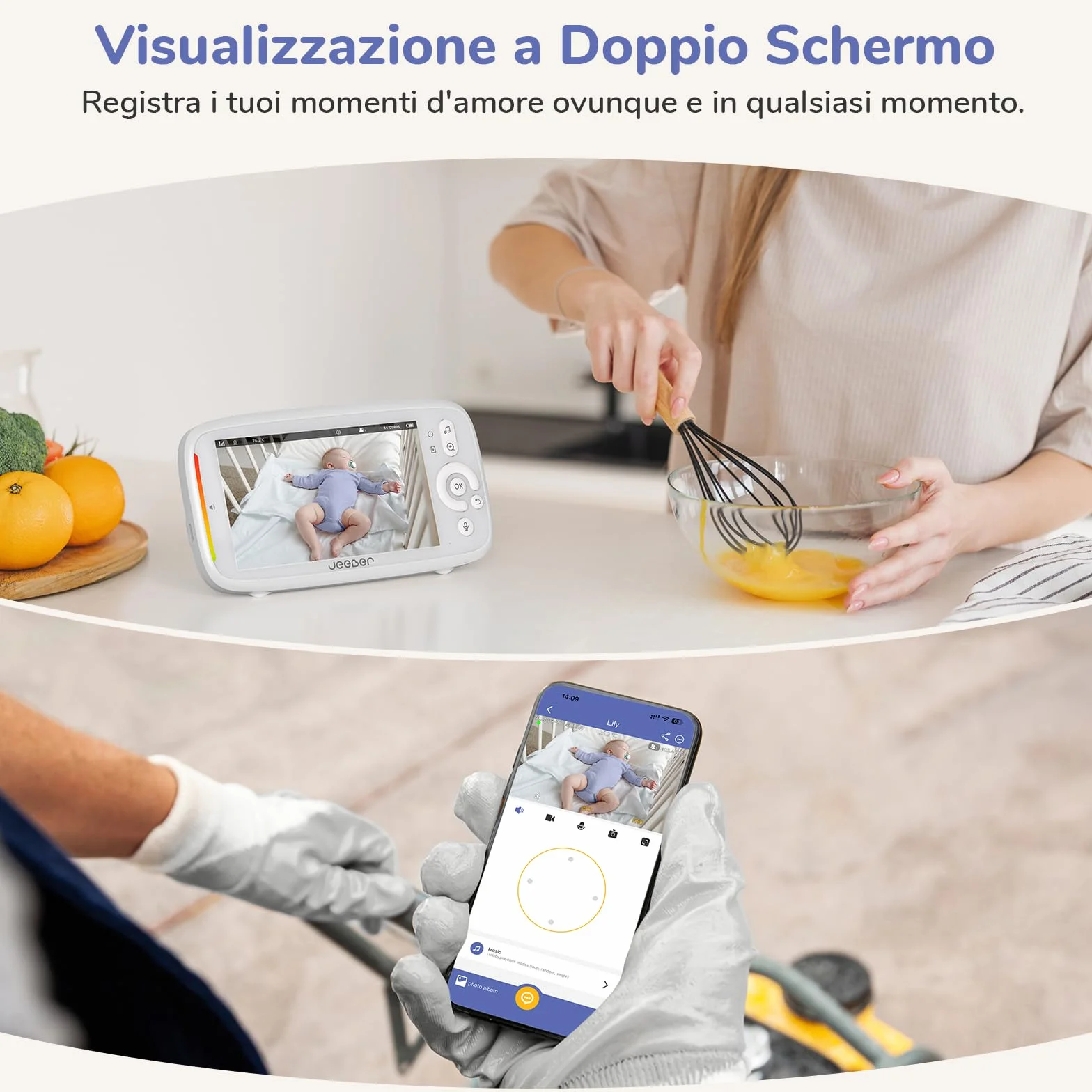 2K 5" Baby Monitor Video, Controllo Tramite Cellulare APP & Monitor, 360° Telecamera Bambini, Visione Notturna, Temperatura, Movimento, Rilevamento Del Pianto, Ninne Nanne, Audio Bidirezionale