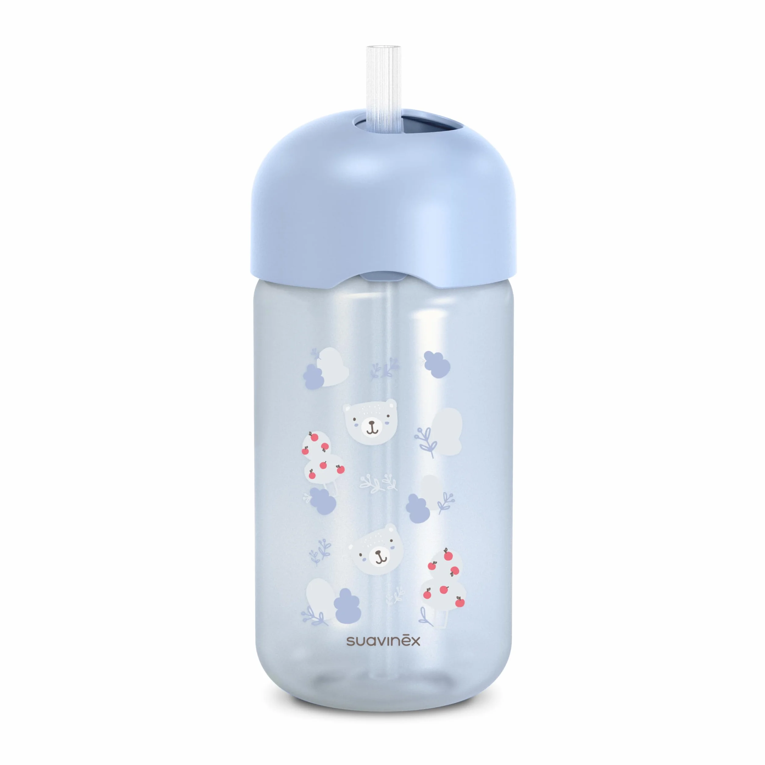 Suavinex, Bicchiere Evolutivo per Neonati+18 Mesi, Bicchiere con Cannuccia in Silicone Morbido e Flessibile, con Sistema Anti-fuoriuscita e Anti-gocciolamento, con Coperchio, 340 ml, Wild&Free Azzurro