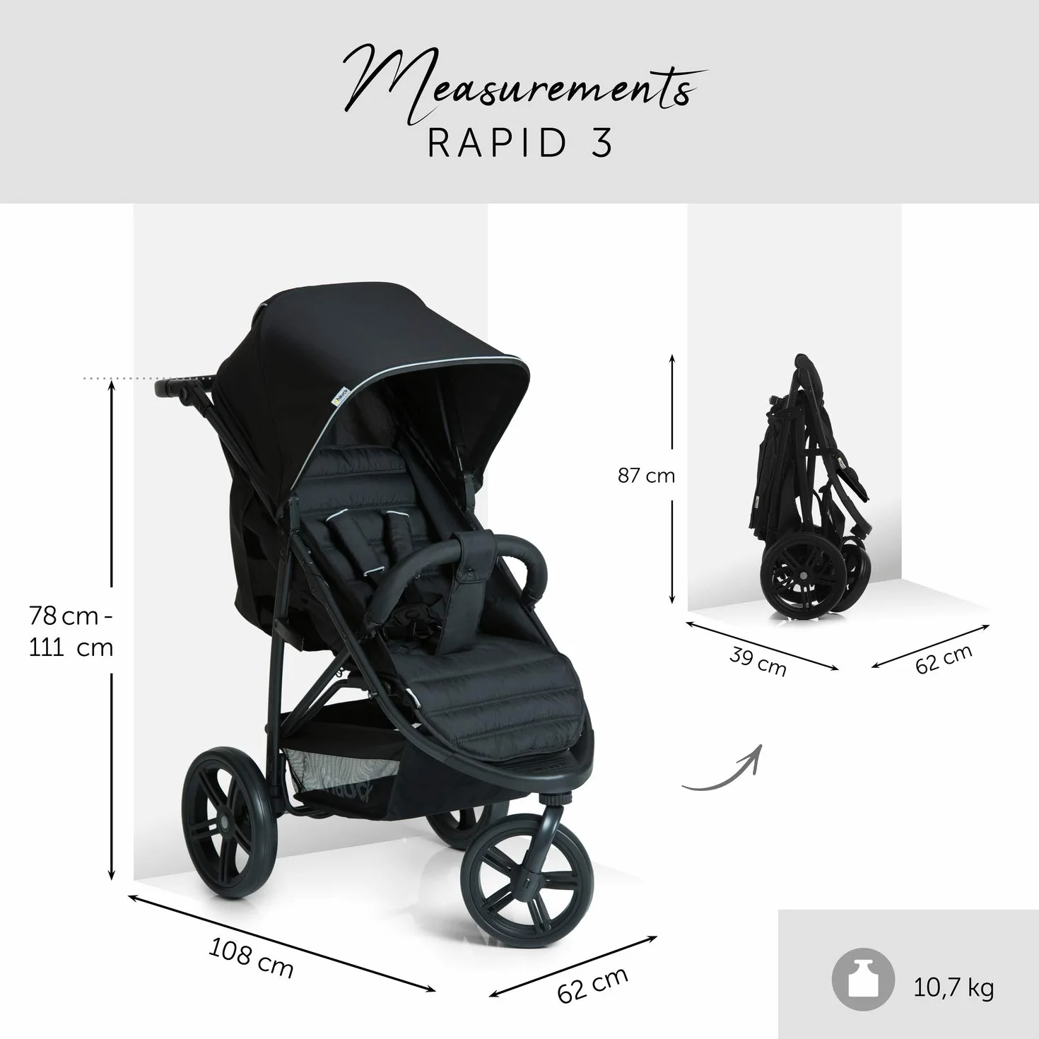 Hauck Passeggino Tre Ruote Rapid 3 per Bebè e Bambini dalla Nascita, Posizione Nanna, Portata 25 kg, Pieghevole Compatto, Regolabile in Altezza, Grandi Ruote, Grande Cesto, Nero