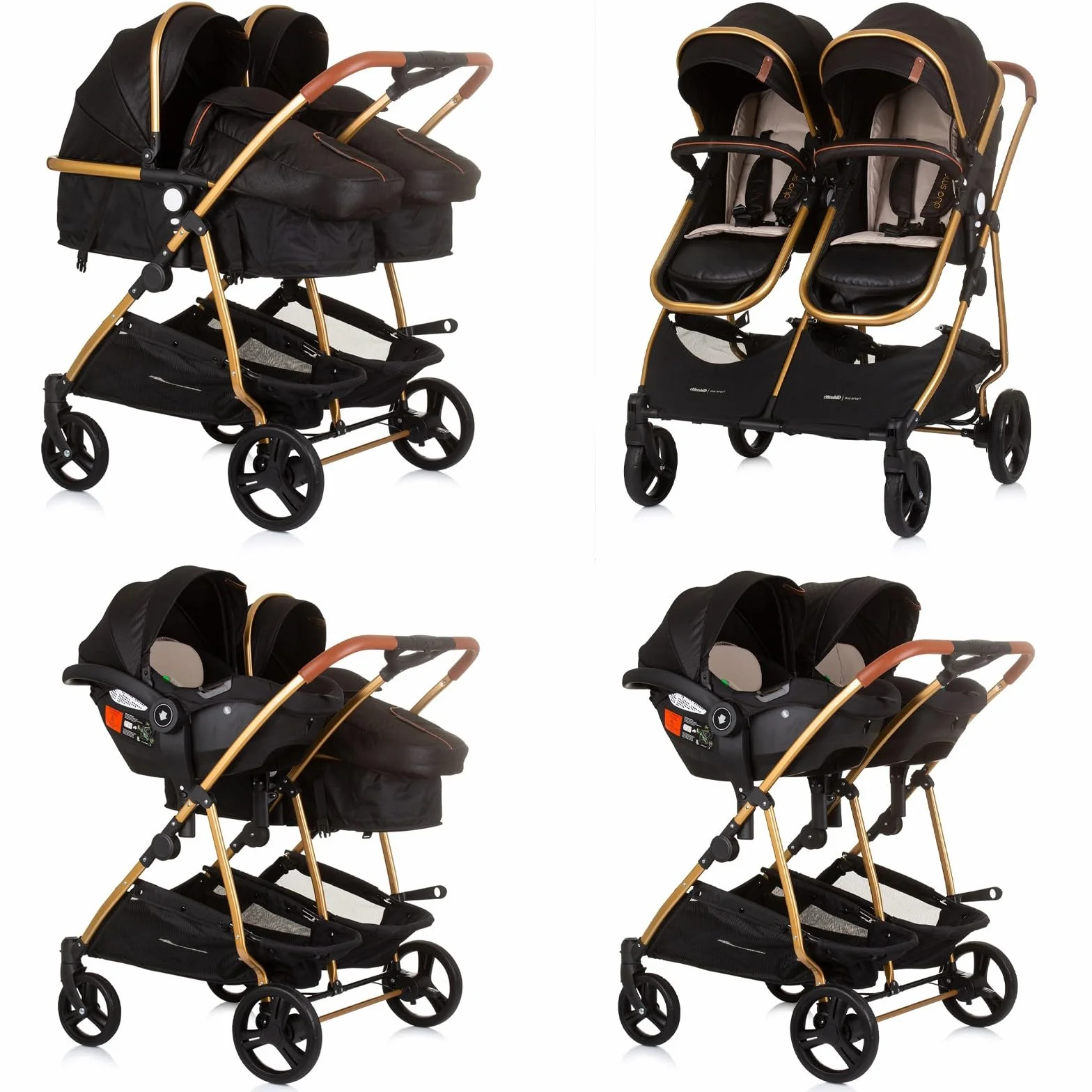 DUO SMART - Passeggino gemelli o bambini stretti, larghezza 79 cm, nero + 2 accoglienti neri