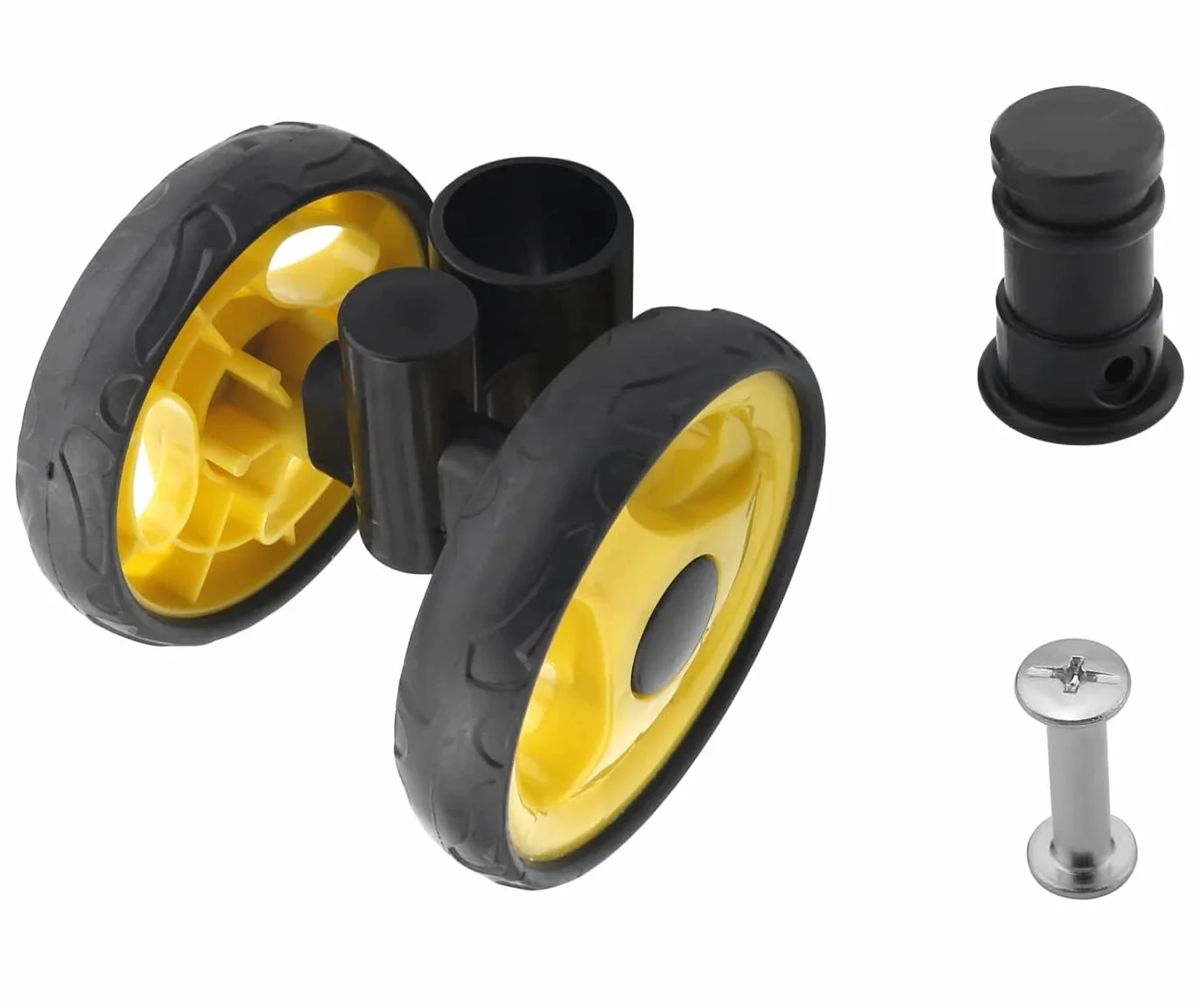 MroMax Set di ruote per passeggino da 9,2 cm x 18 mm, per tubi circolari da 19 mm, ricambio in plastica per passeggino per animali domestici, nero e giallo