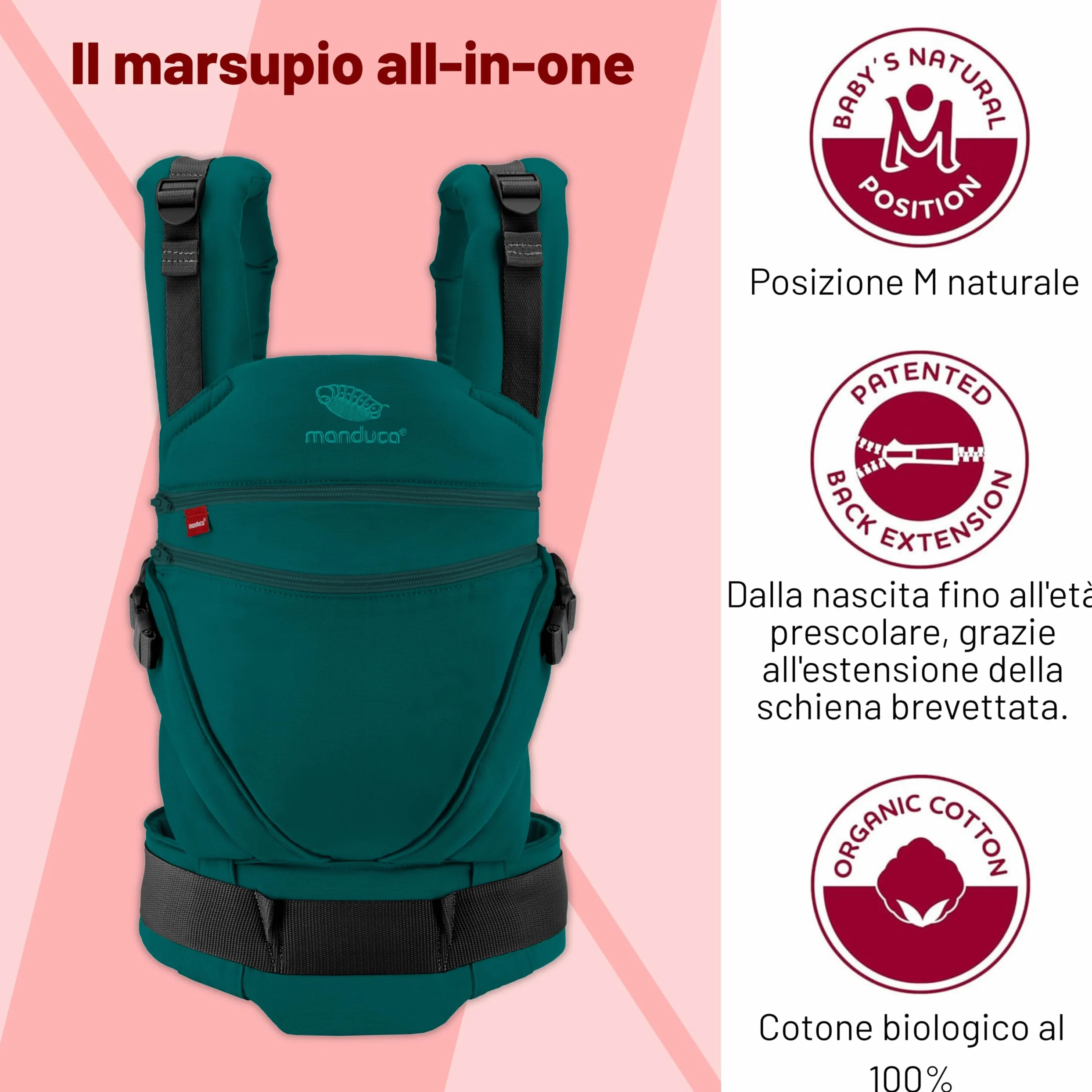 Marsupio Manduca XT, seduta regolabile, adatto dalla nascita, realizzato in cotone biologico con 3 posizioni di trasporto, Buona Laguna