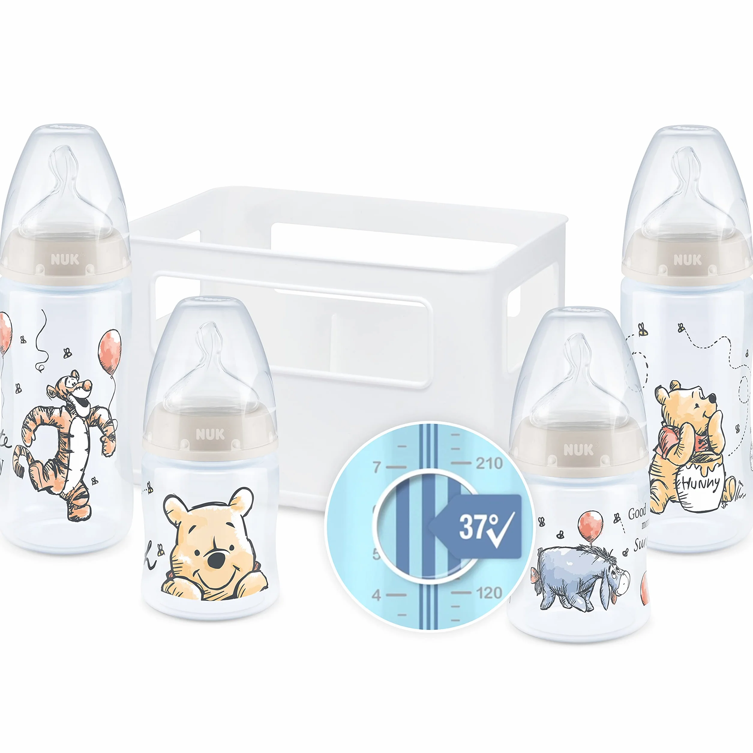 NUK First Choice+ biberon Starter Set | 0-6 mesi | 4 bottiglie con controllo della temperatura e scatola porta-biberon | Valvola anti-coliche | Senza BPA | Disney Winnie the Pooh | 5 pezzi