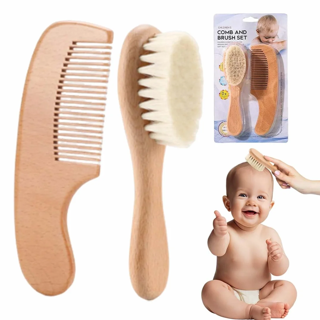 2 Pezzi Spazzole Neonato per Capelli e Serie di Pettini per Neonati - Spazzole in Legno Naturale con Setole di Capra Morbide - Regalo Perfetto per la Doccia per il Bambino