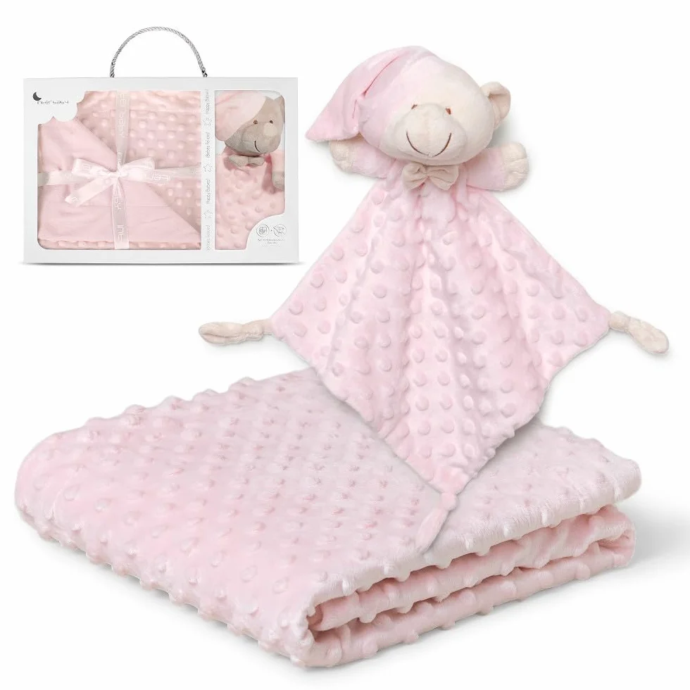 Interbaby Copertina + Doudou Neonato | Copertina Neonato Cotone 80x110cm a Bolle + Peluche Orsetto 28x17cm | Regalo Nascita Neonato Maschio e Femmina in Confezione Regalo (Rosa)