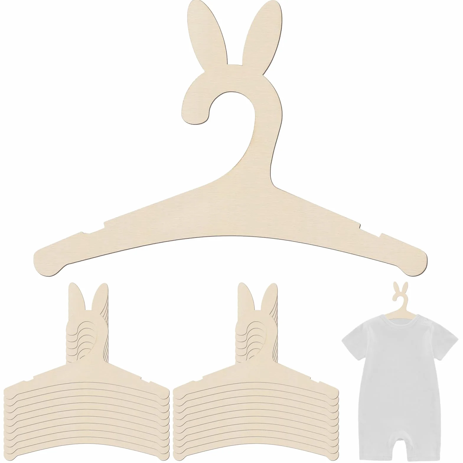 Grucce in legno per bambini, 20 grucce per bambini, per bambole, in legno, a forma di coniglio, design scanalato, per decorazione, per appendere vestiti (15,5 x 22,8 cm)
