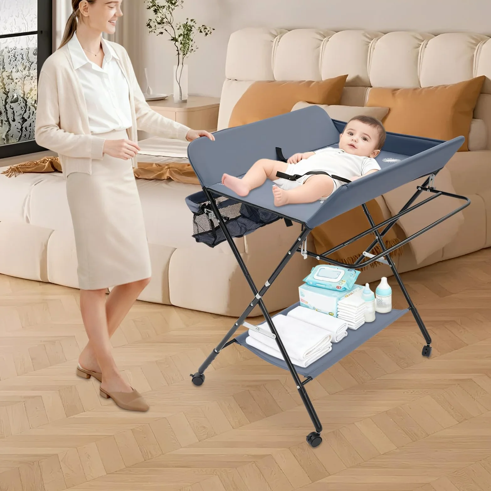 Fasciatoio regolabile in altezza, pieghevole con spazio di archiviazione, fasciatoio portatile, Oxford traspirante, cintura di sicurezza, 80 x 63 x 96 cm, grigio, 25 kg, piccolo bagno, viaggio, 12 cm