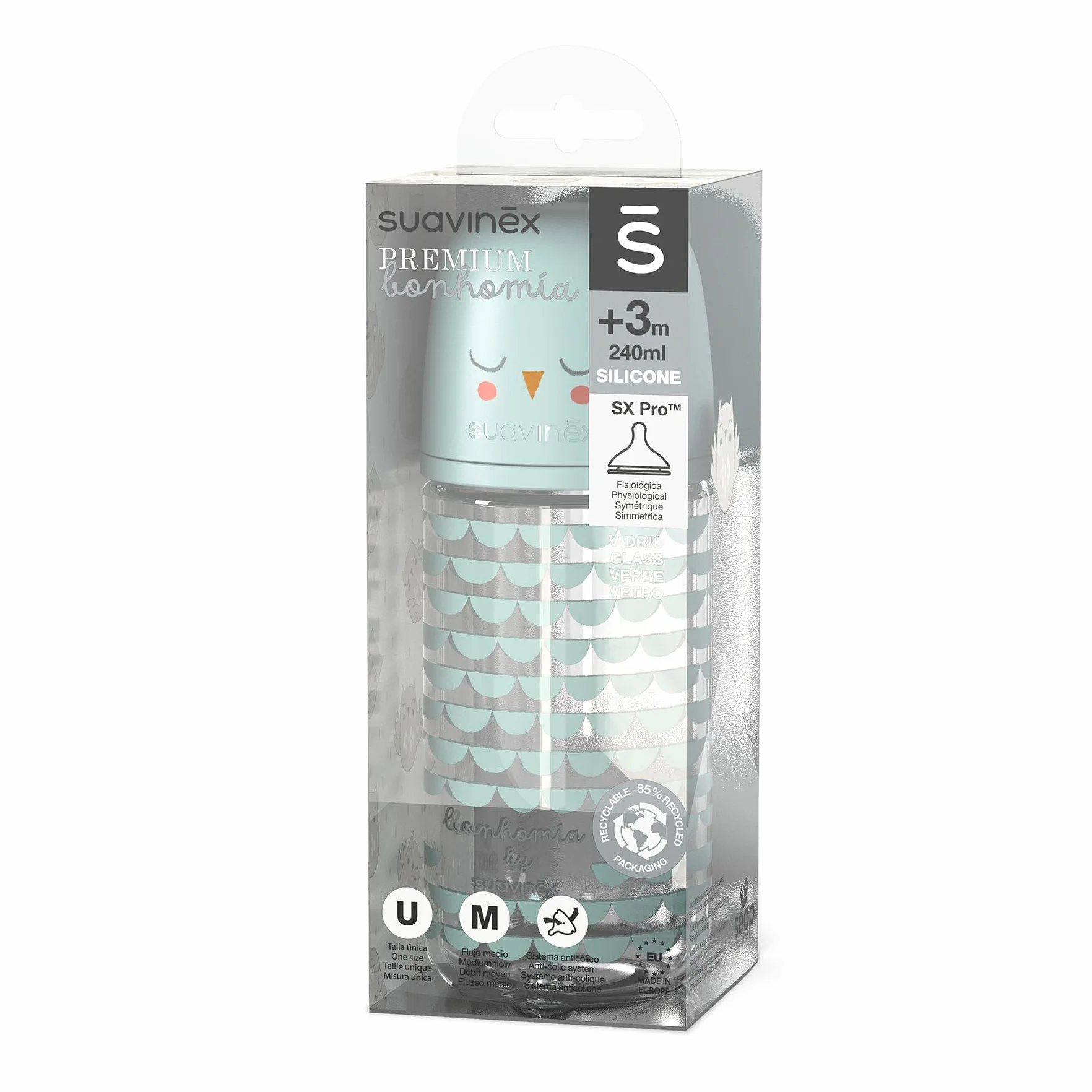 Suavinex, Confezione Biberon in Vetro da 240 ml. Biberon con tettarella simmetrica in silicone SX Pro flusso medio (M), anticoliche, per bambini +3 mesi, Bonhomia rosa, grigio
