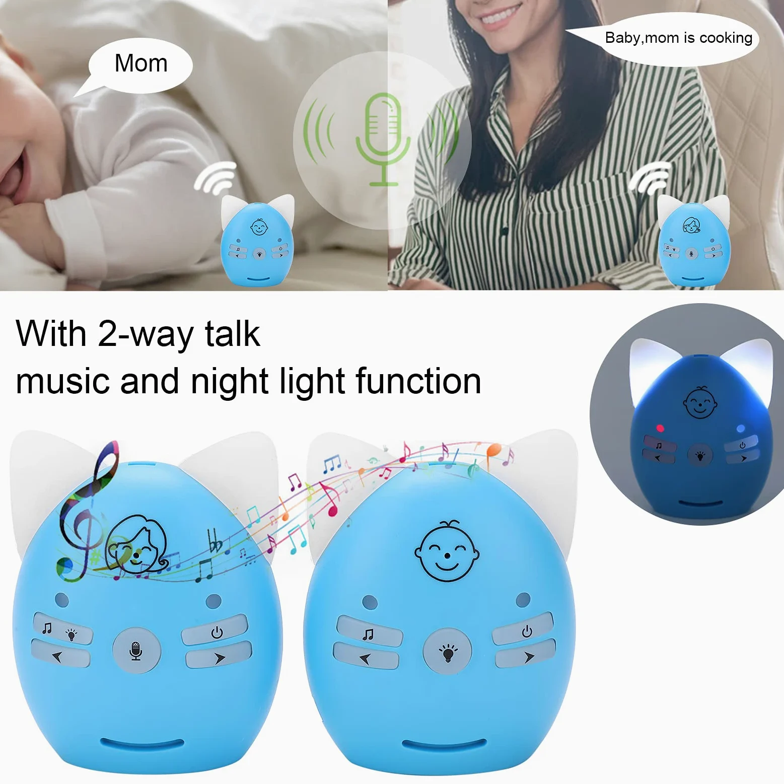 Cryfokt Baby Monitor Wireless, Monitor Audio Digitale con Conversazione Bidirezionale, Luce Notturna, Tecnologia FHSS, Portata da 200 a 300 Metri per Casa e Asilo Nido (Spina europea)