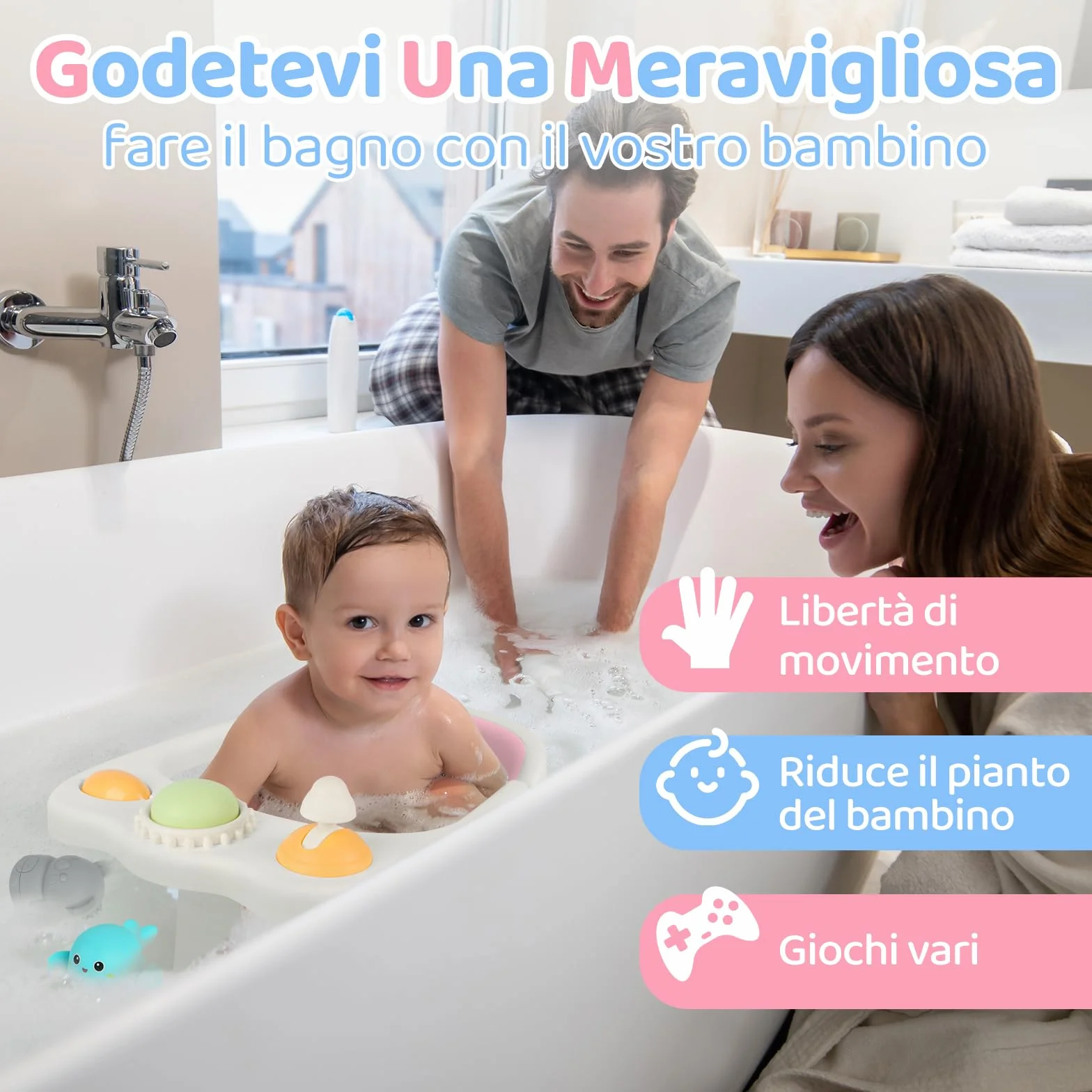 Aragallant Seggiolino da Bagno per Bambini 6 mesi+, Seggiolino Antiscivolo per Vasca da Bagno, Sedia da Bagno con Giocattoli, Seggiolino per Doccia Bambini con Ventose (Rosa)