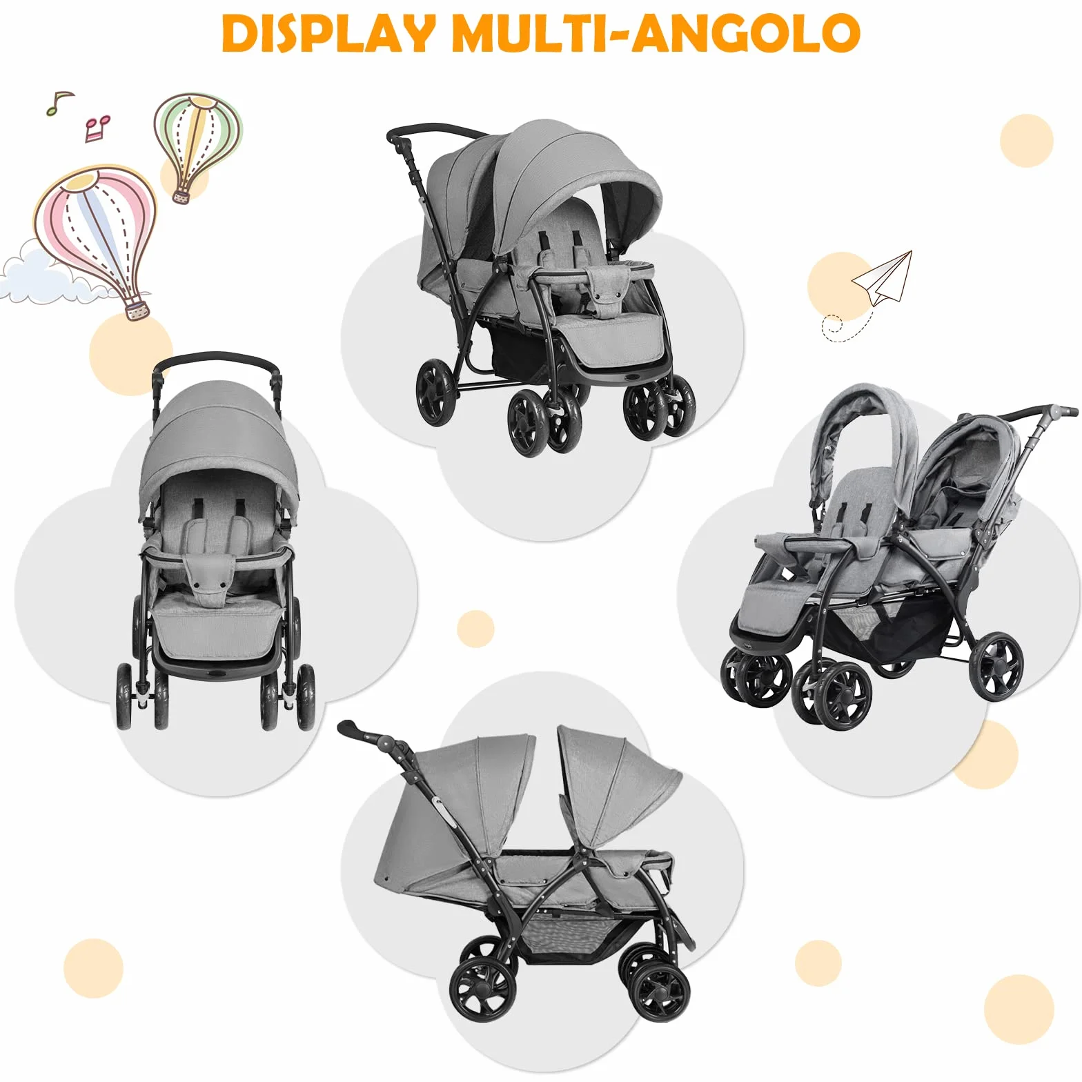 RELAX4LIFE Passeggino Pieghevole Gemellare con Ruote Universali, 2 Cintura di Sicurezza a 5 Punti, 2 Tettoie Regolabili, Maniglia Regolabile per Neonati 0-36 Mesi (GRIGIO)